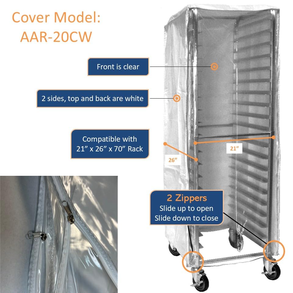 GSW AAR-20CW White Plastic Bun Pan Rack Cover with Clear Front & 2 Zippers - Commercial Kitchen Storage Solution for 21”x26”x70” Racks - Perfect for Bakeries, Restaurants and Food Service Businesses