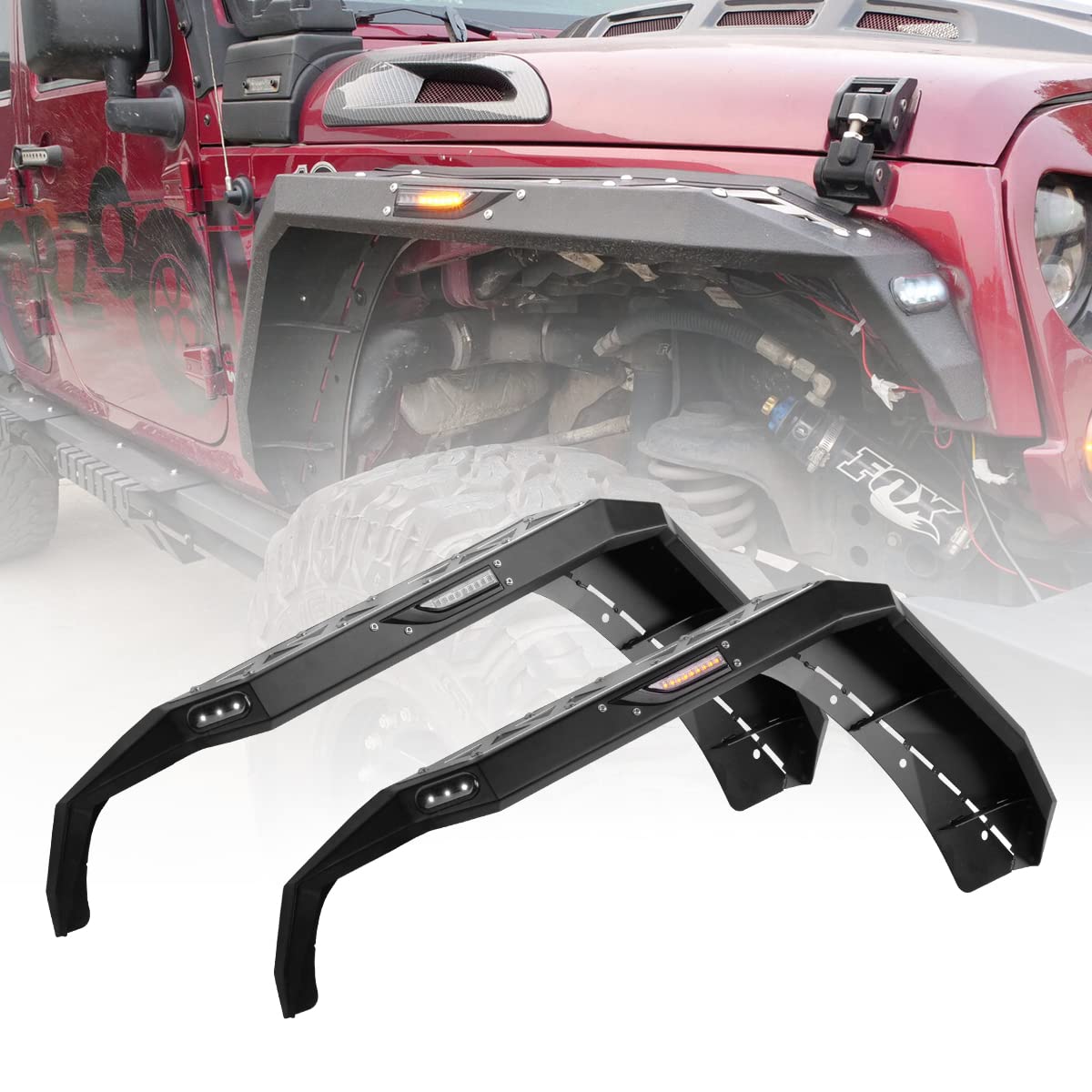 ROXX Front Fender Flares with LED Lights for 2007-2018 Jeep Wrangler JK - Durable Off-Road Protection & Stylish Upgrade for Jeep Enthusiasts | Perfect for Trail Riding & Urban Driving