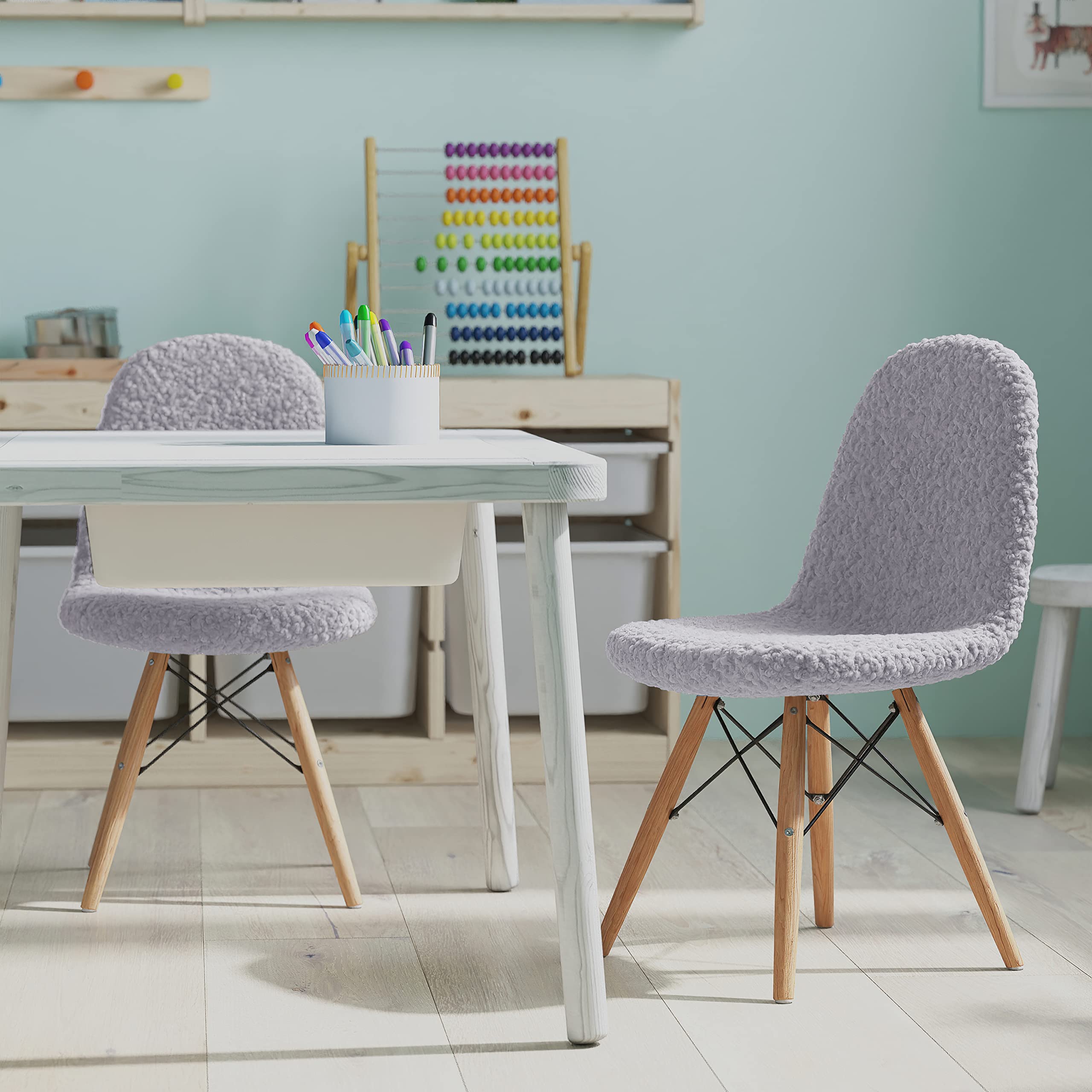 Merrick Lane Kids Lyon Accent Chair Set of 2 - Gray Faux Shearling Upholstered Modern Wood Leg Accent Chairs for Living Room, Bedroom, Entryway - Perfect for Kids Reading Nook, Playroom or Cozy Corner