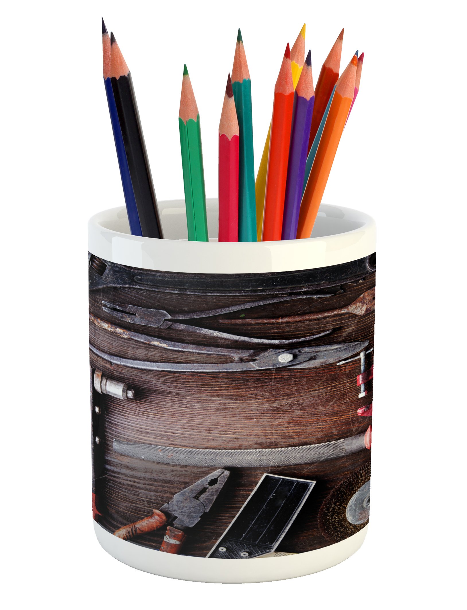 Ambesonne Industrial Ceramic Pencil Holder - Vintage Carpenter Tools Design, Multicolor Desk Organizer for Office & Craft Room | Perfect for Artists, Writers & DIY Workspaces