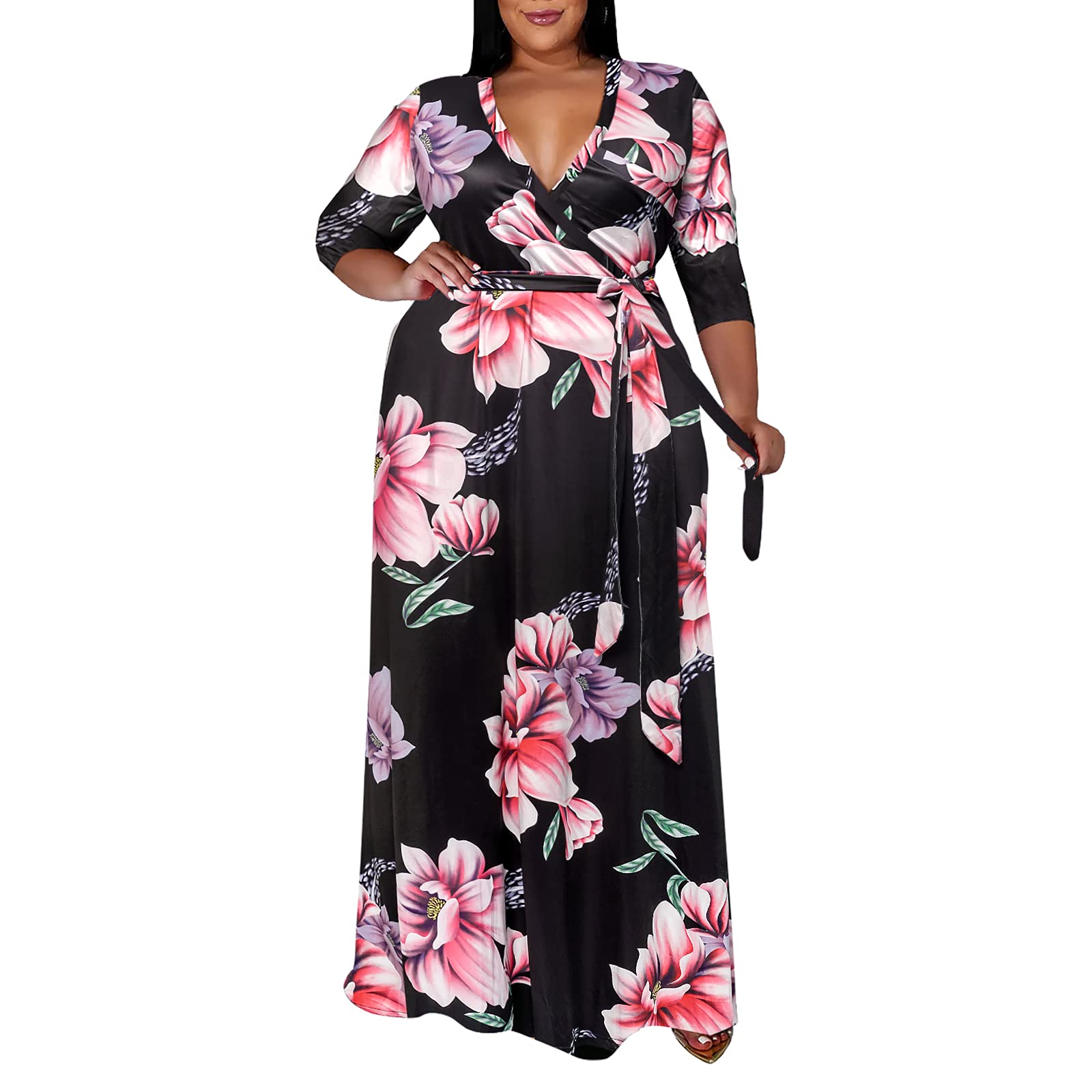 Runwind Plus Size Floral Maxi Dress for Women - 3/4 Sleeve Flowy Summer Dress with Adjustable Belt | Perfect for Beach Vacations, Weddings & Casual Outings