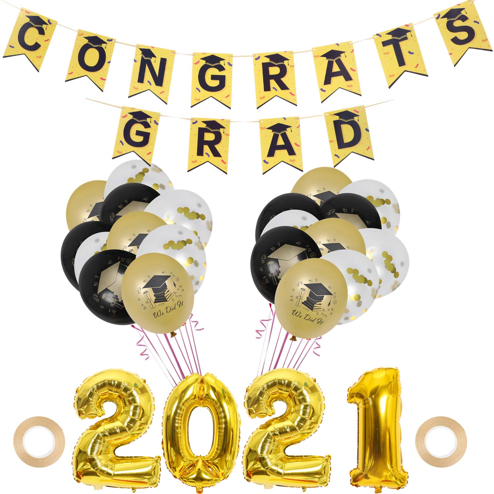 Amosfun Class of 2021 Graduation Balloons Decorations Set - 27pcs Golden Party Supplies for Commencement, Ceremony & Photo Backdrop