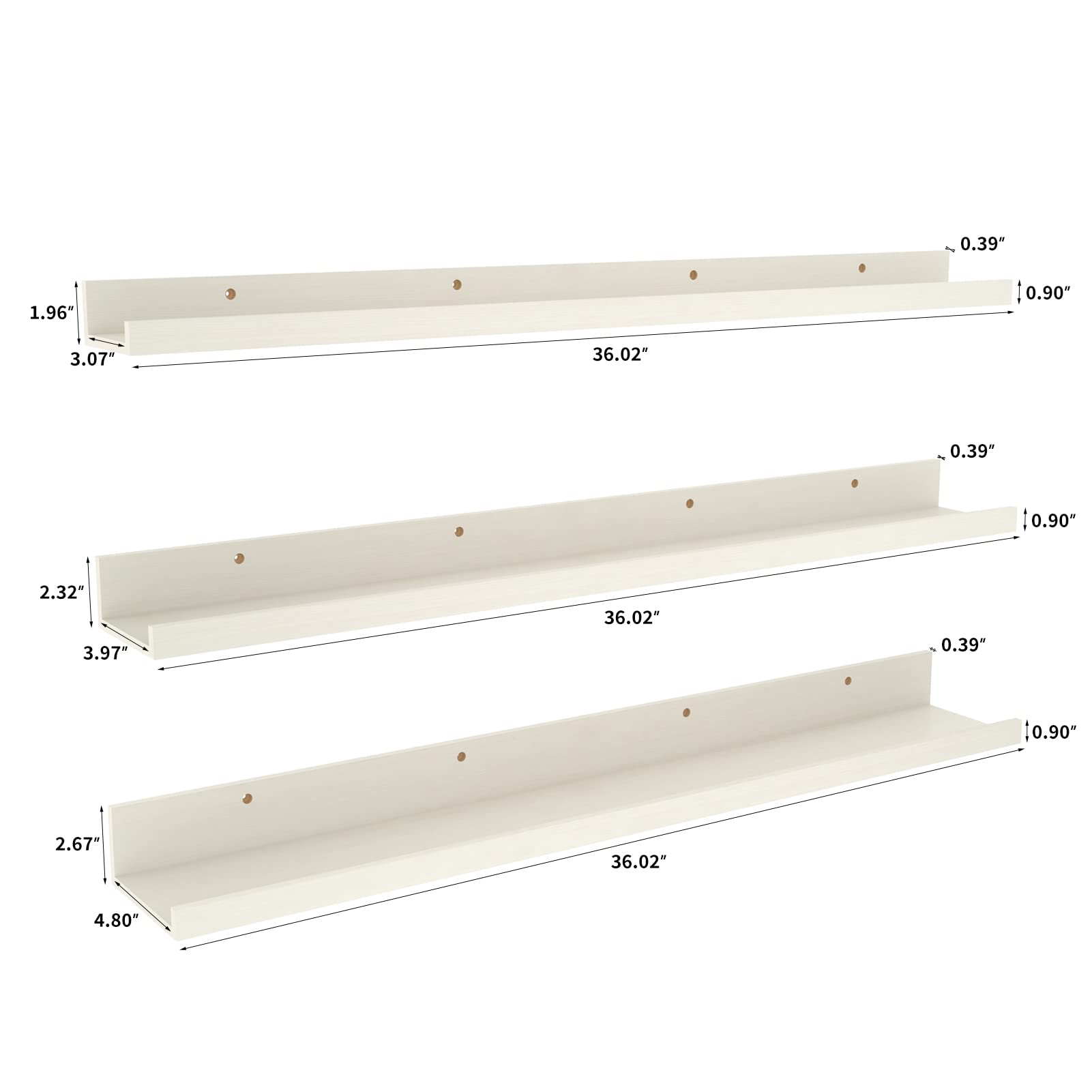 36 Inch Floating Shelves Set of 3 - Wooden Wall Mounted Picture Ledge Shelf for Living Room, Bathroom, Bedroom, Kitchen & Office - Creamy White - Perfect for Displaying Photos, Books & Decor