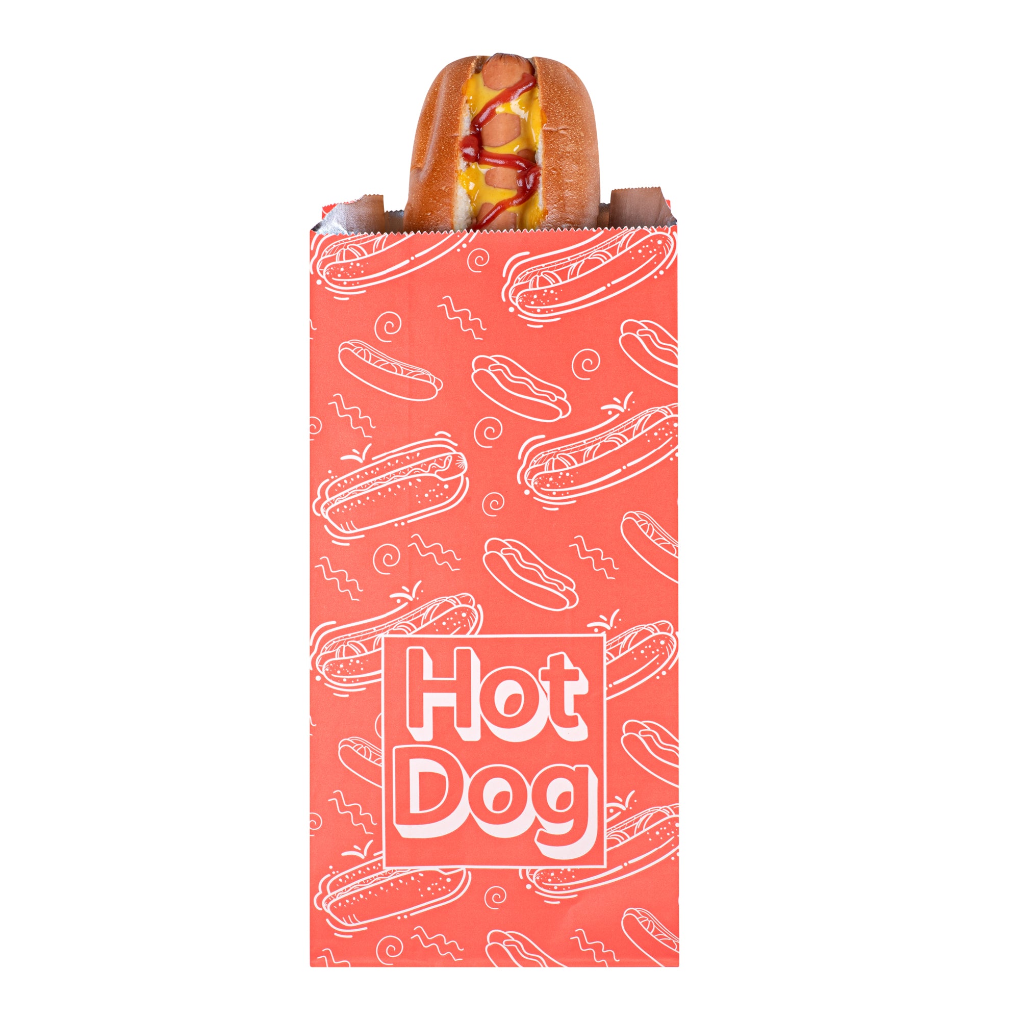 Red Printed Hot Dog Foil Bags - 5.5 x 3.25 x 12 Inches (100 Count) | Food Safe, Grease Resistant | Perfect for Food Trucks, Concessions & Party Catering