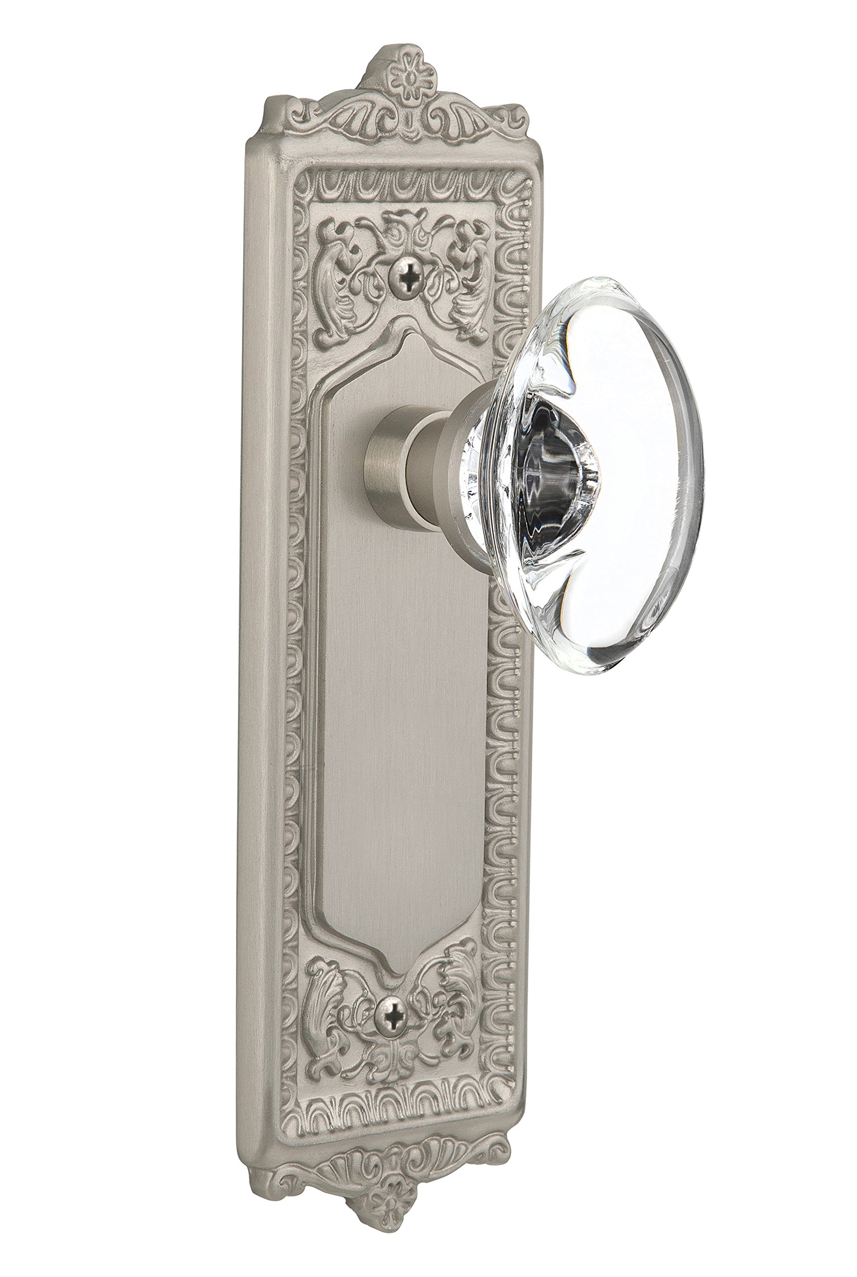 Vintage Satin Nickel Egg & Dart Cabinet Plate with Oval Clear Crystal Glass Knob - 2.375