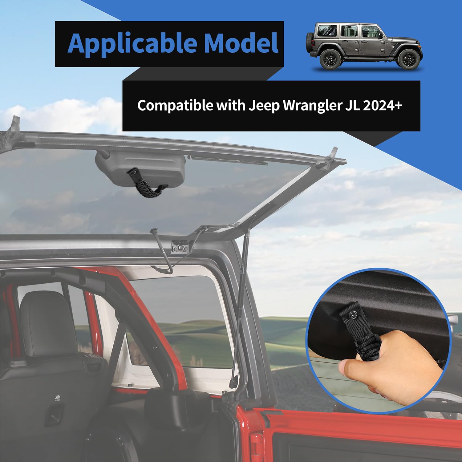 Jeep Wrangler JL Rear Window Paracord Grab Handle - Compatible with JL JLU 4XE 2018-2024 Models - Durable Trunk Tailgate Assist Grip Accessory (1Pc, Full Black with Washers) - Perfect for Off-Roading, Camping & Easy Rear Access