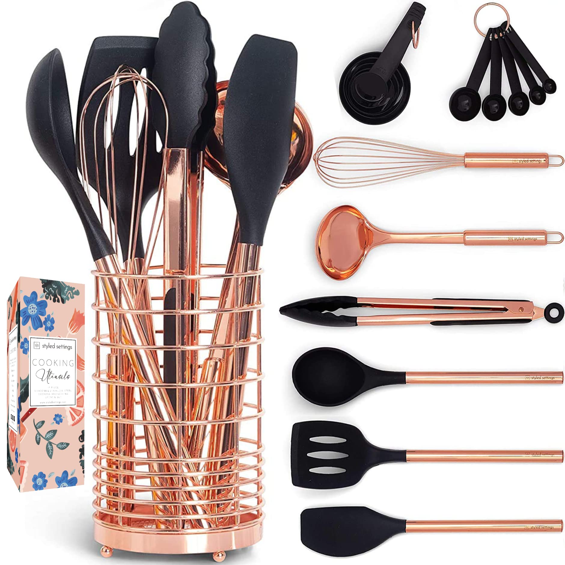 Premium 17-Piece Black & Copper Kitchen Utensil Set with Measuring Cups, Spoons & Holder - Elegant Rose Gold Kitchen Tools for Cooking, Baking & Home Decor - Perfect Gift for Chefs & Housewarming