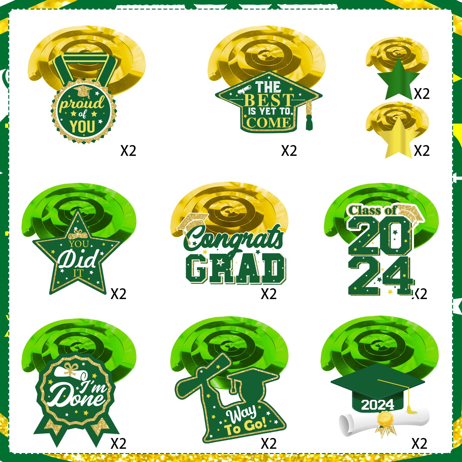 40Pcs Green and Gold Graduation Party Decorations 2024 - Graduation Hanging Swirls, Balloons & Banner Set for Graduation Ceremony, Photo Booth Backdrop & School Celebration Decor
