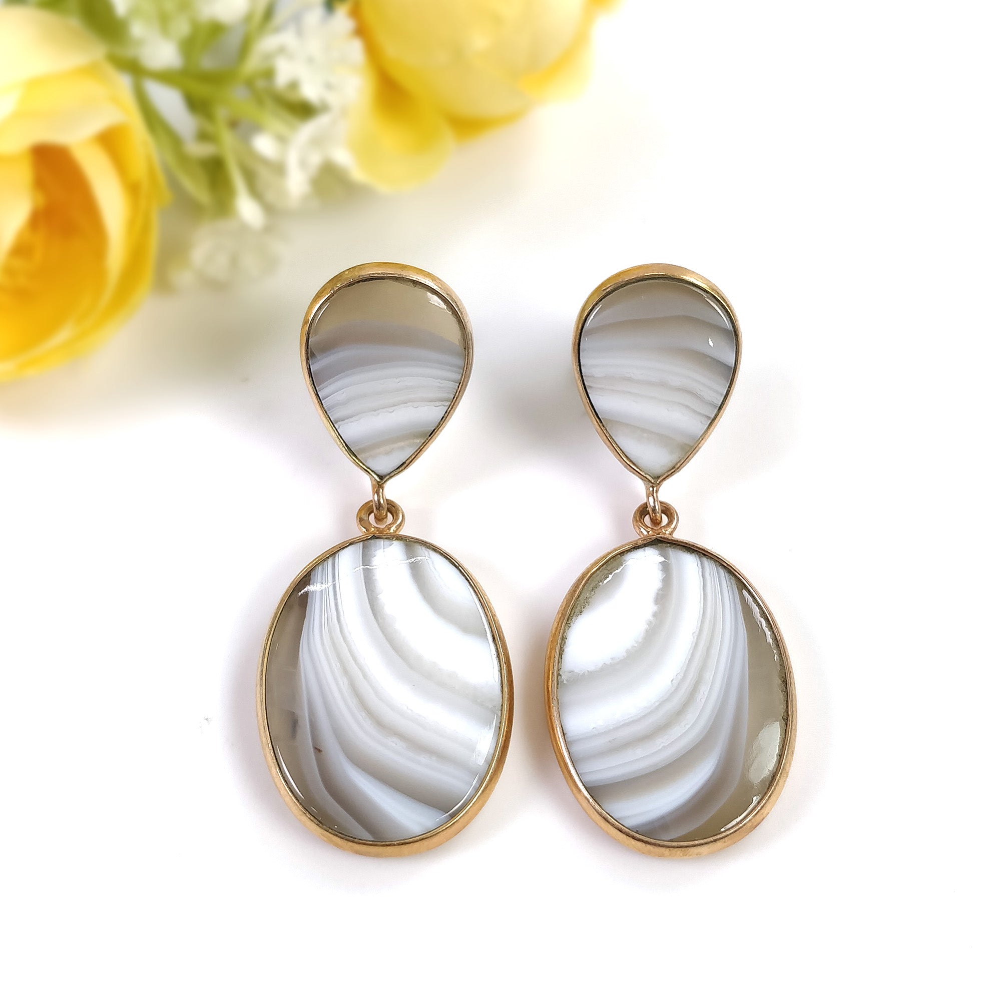 Botswana Agate Gemstone Earrings - 14.32g Natural 925 Sterling Silver Rose Gold Plated Oval Bezel Set Push Back Earrings for Women | Perfect for Weddings, Parties & Everyday Elegance
