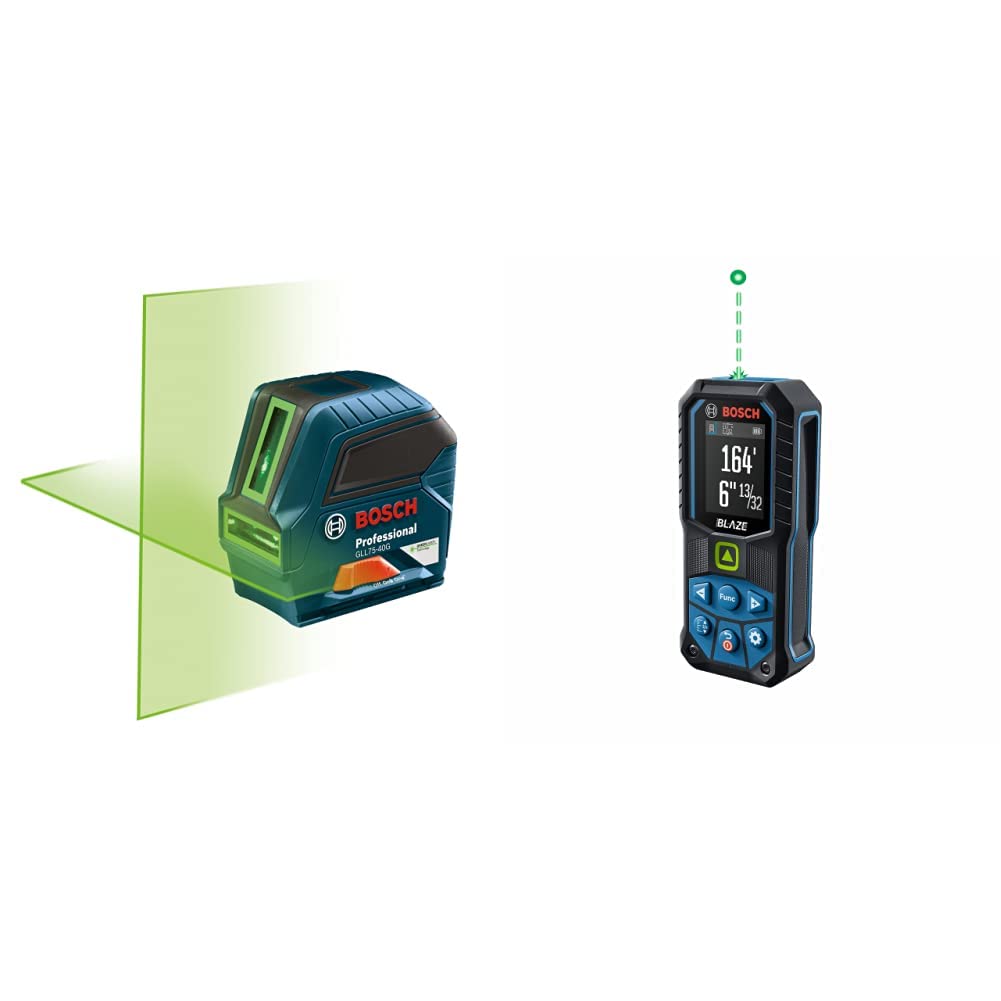 BOSCH GLL75-40G 75ft Green-Beam Self-Leveling Cross-Line Laser Level with VisiMax Technology & GLM165-25G 165ft Laser Distance Measurer Kit - Includes Adjustable L-Bracket Mount and Carrying Case for Construction, Renovation, and DIY Projects