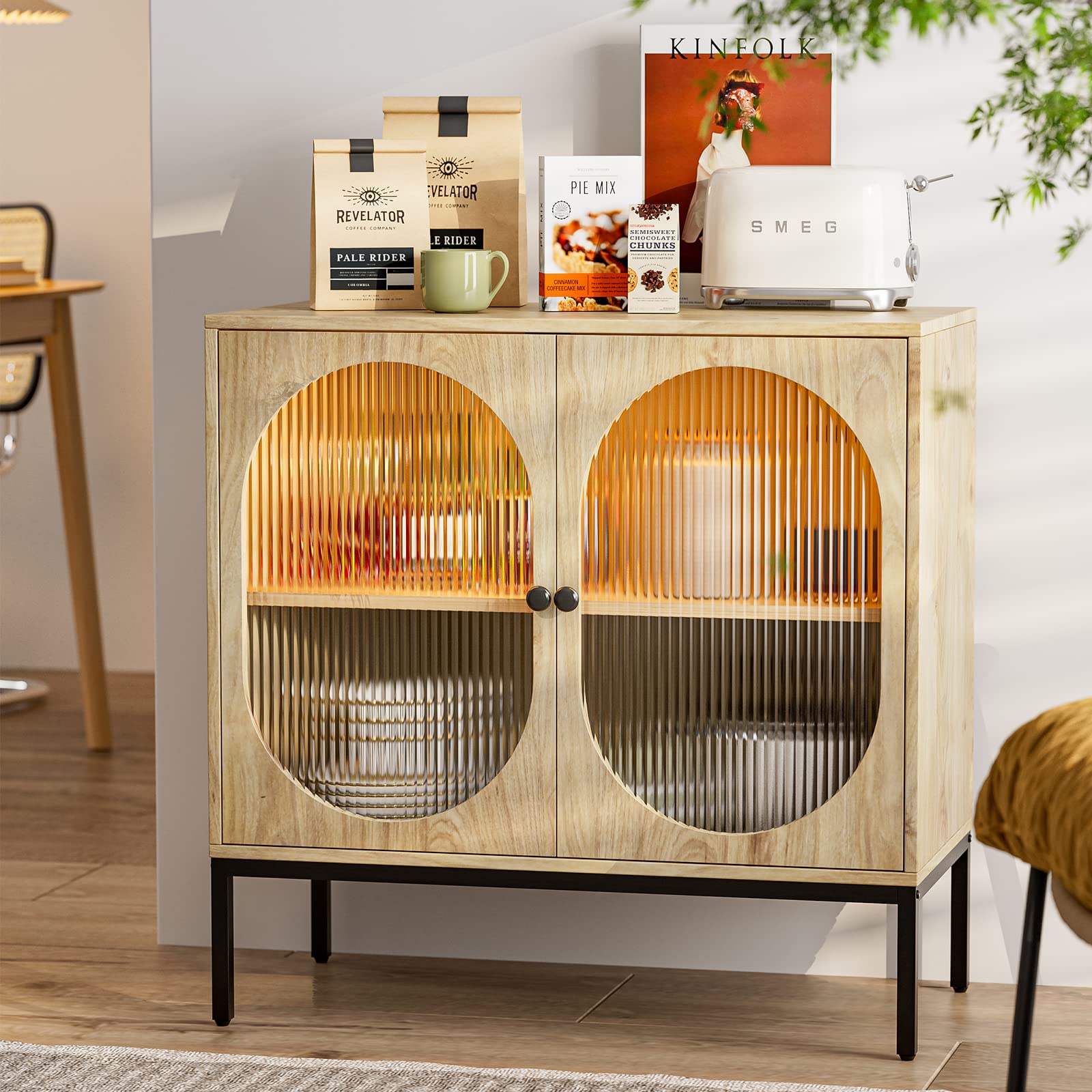 IKIFLY Modern Glass Storage Cabinet with LED Lights - Adjustable Shelves Sideboard Buffet Cabinet for Kitchen, Dining Room, Entryway & Living Room - Perfect for Displaying China, Glassware & Home Decor
