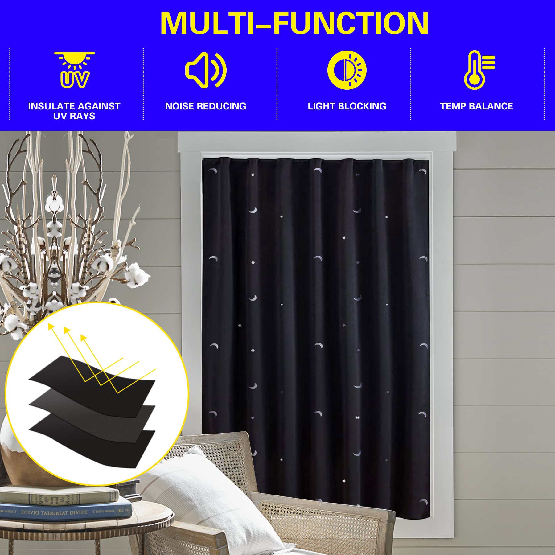 Goabroa Blackout Curtains 78x50 Inches - Adjustable Temporary Window Shades with Suction Cups, Polyester Room Darkening Curtains for Bedroom, Nursery, Dorm (Moon & Stars Pattern) - Perfect for Daytime Naps, Light Sensitivity & Shift Workers