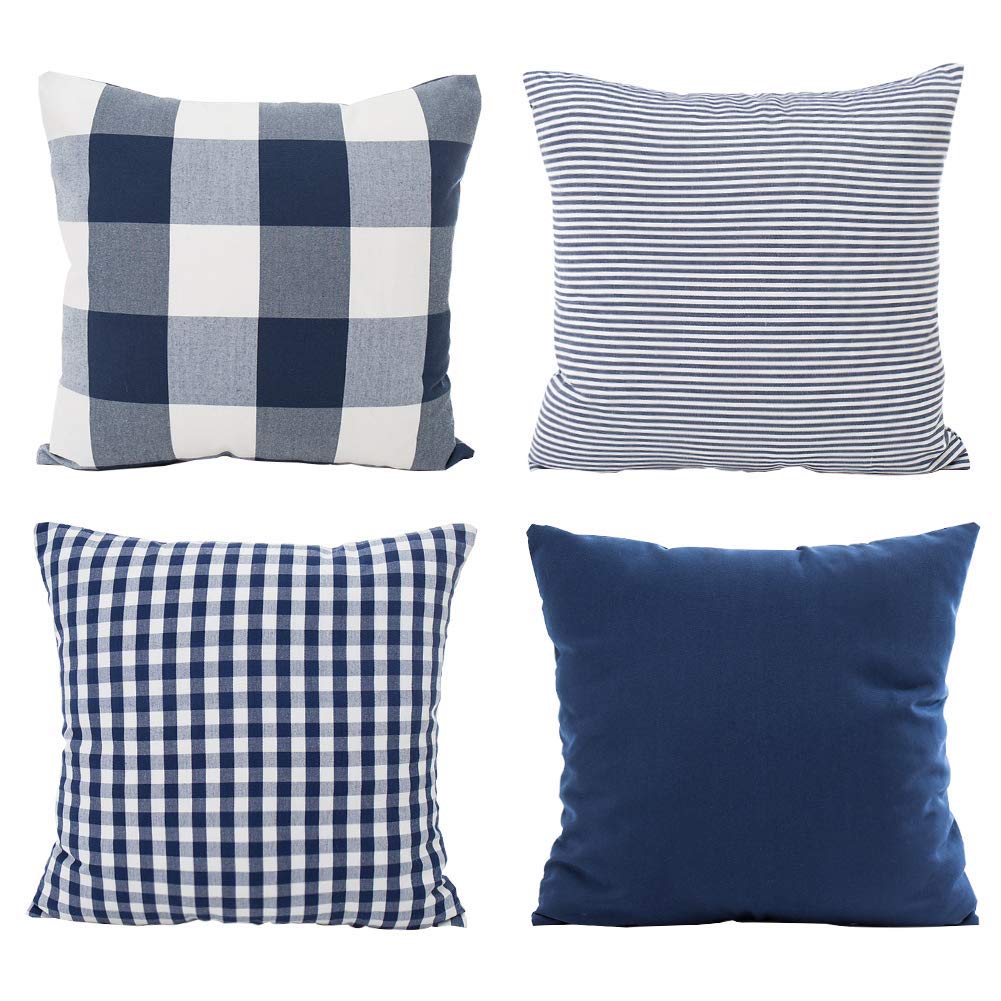 Premium HOPLEE 20x20 Inch Plaid Pillow Covers Set of 4 - Navy Blue Buffalo Plaid, Solid Navy, Stripe & Gingham Designs for Sofa, Bed & Home Decor