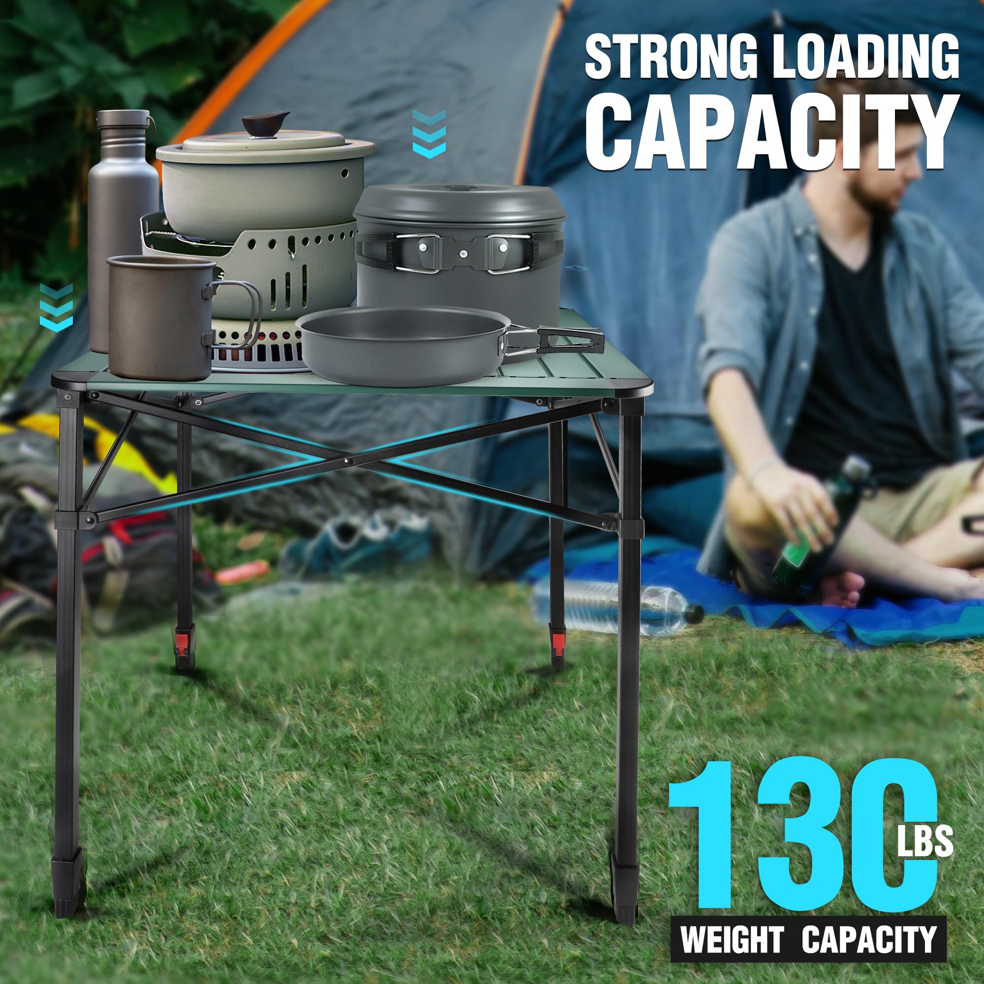VILLEY Folding Camping Square Table with Carry Bag - Lightweight Aluminum Adjustable Outdoor Picnic Table for Camping, Backyard, BBQ, Hiking & Travel - Perfect for Picnics, Tailgating & Beach Trips