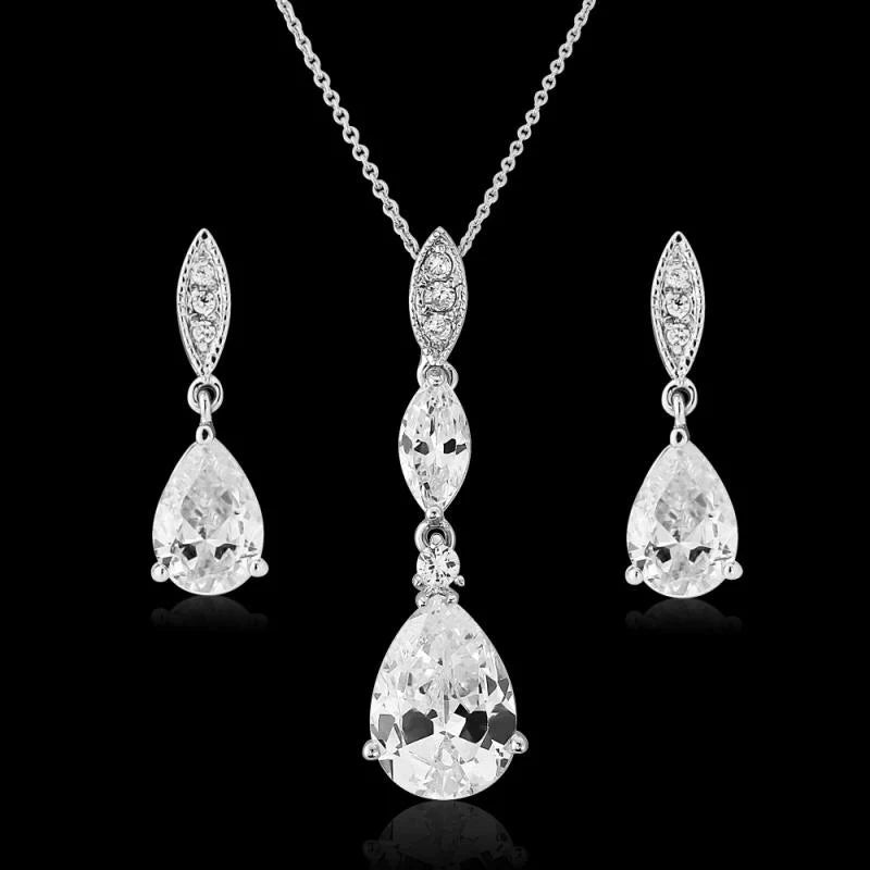 Elegant Silver Crystal Drop Bridal Jewelry Set 3380 - Perfect for Weddings, Prom & Formal Events | Dainty Necklace & Earrings for Brides, Bridesmaids & Special Occasions
