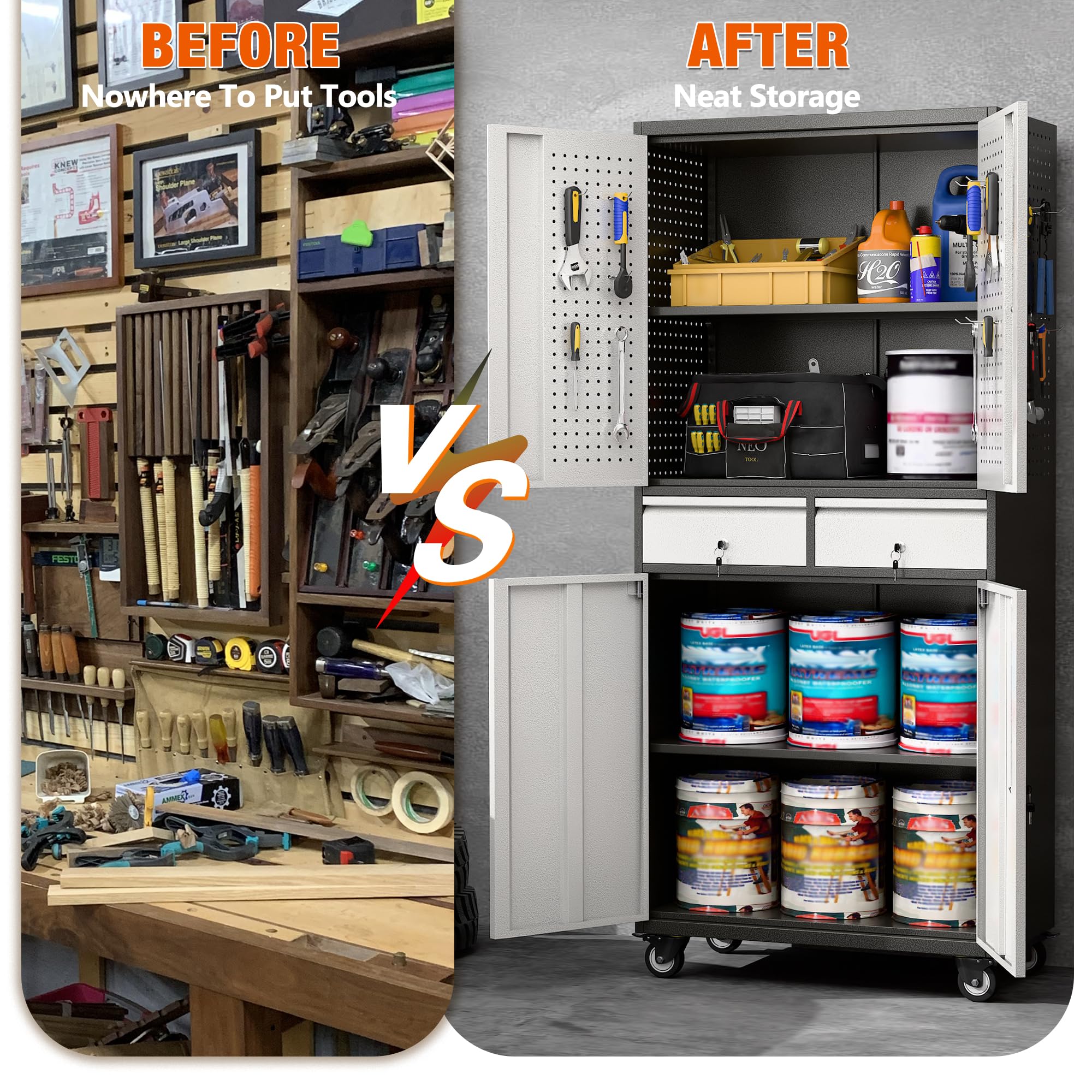 Aobabo Heavy Duty Metal Storage Cabinet with 2 Locking Drawers & Pegboard - Steel Rolling Tool Organizer with 8 Hooks & 2 Adjustable Shelves for Garage, Workshop, Home Office & Kitchen Organization (Black Gray, Assembly Required) - Perfect for Tool Storage, Workshop Organization & Home Improvement Projects
