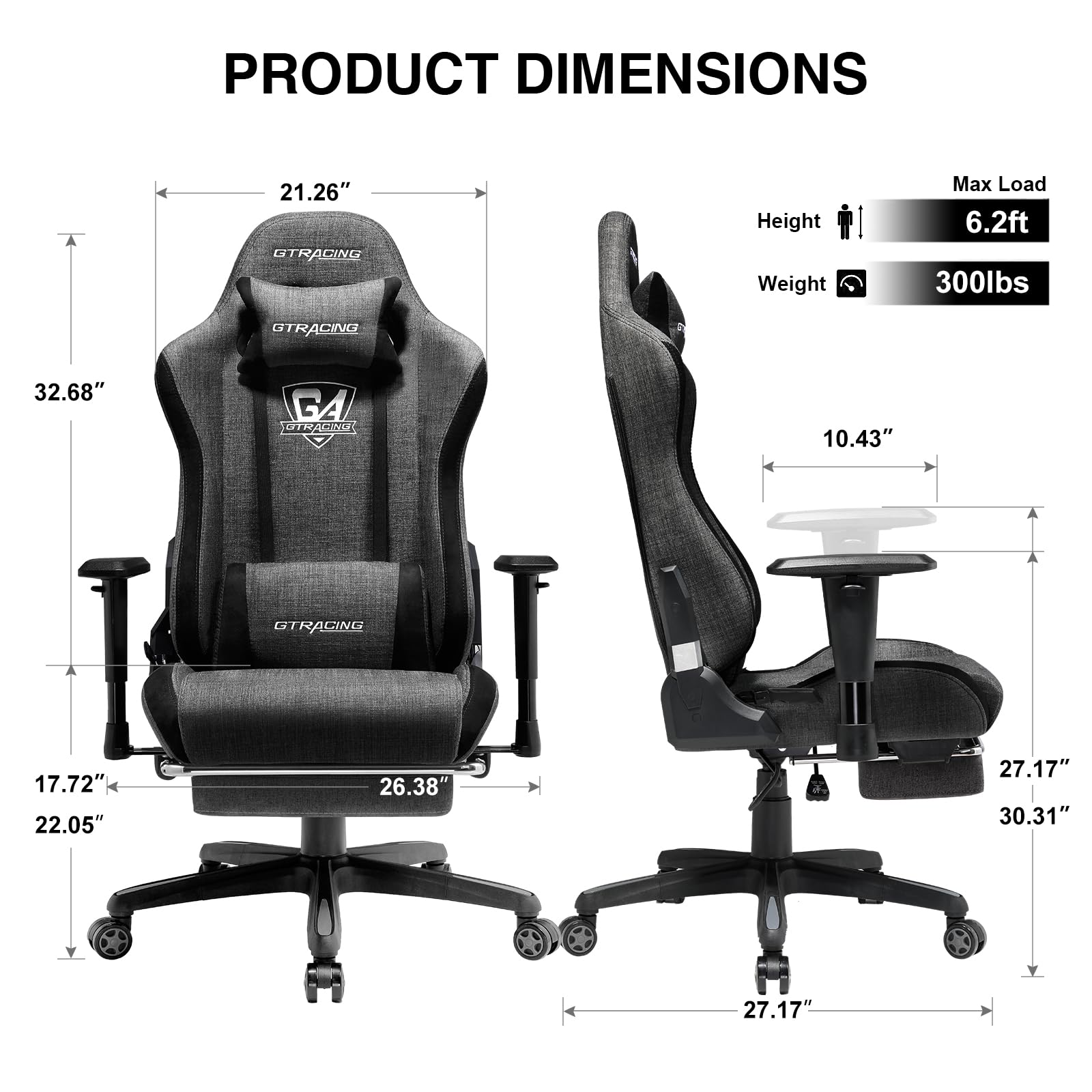 GTRACING Ergonomic Gaming Chair with Footrest - Breathable Fabric Big & Tall Computer Chair, 350 lbs Weight Capacity, Adjustable Lumbar Support & Recliner - High Back Office Game Chair for PC & Console Gaming (Dark Gray) - Perfect for Long Gaming Sessions, Work from Home & Esports Tournaments