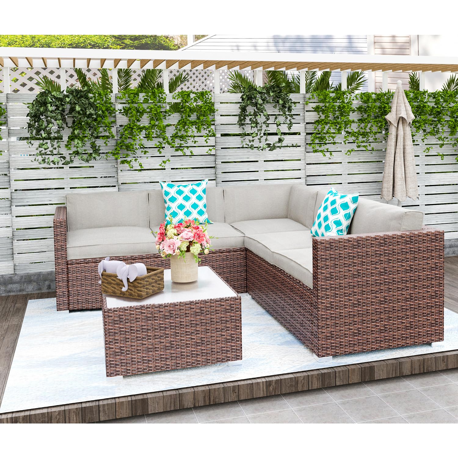HOMPUS 6-Piece Outdoor Patio Furniture Set - Brown Modular Rattan Sectional Sofa with Gray Cushions, Wicker Conversation Set & Glass Coffee Table, Includes 2 Pillows - Perfect for Garden, Deck, Backyard & Poolside Relaxation
