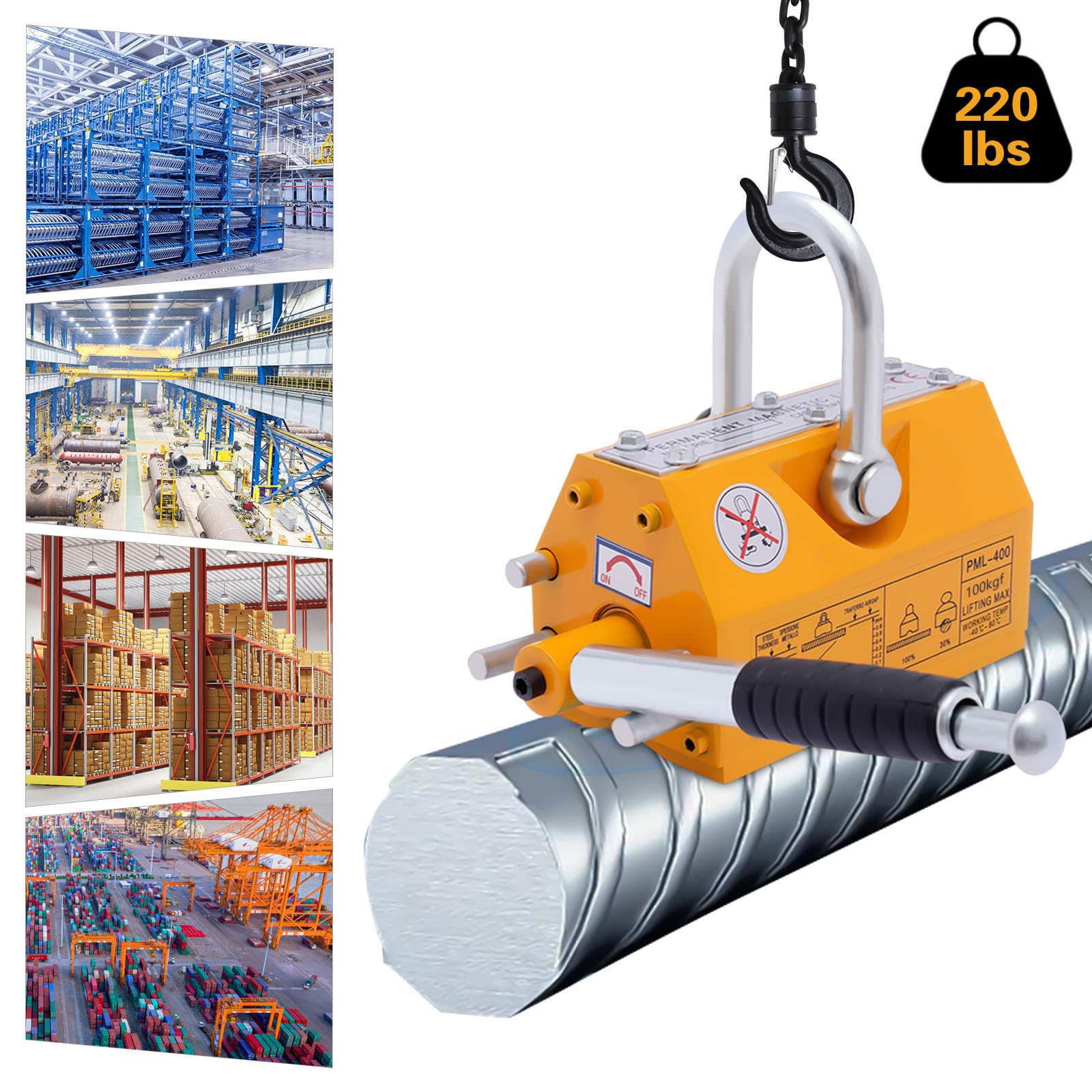 220 Lbs/100 kg Heavy Duty Magnetic Lifter - Permanent Lifting Magnet with Quick Release for Steel Plates & Boards - Ideal for Hoist, Shop Crane & Industrial Material Handling