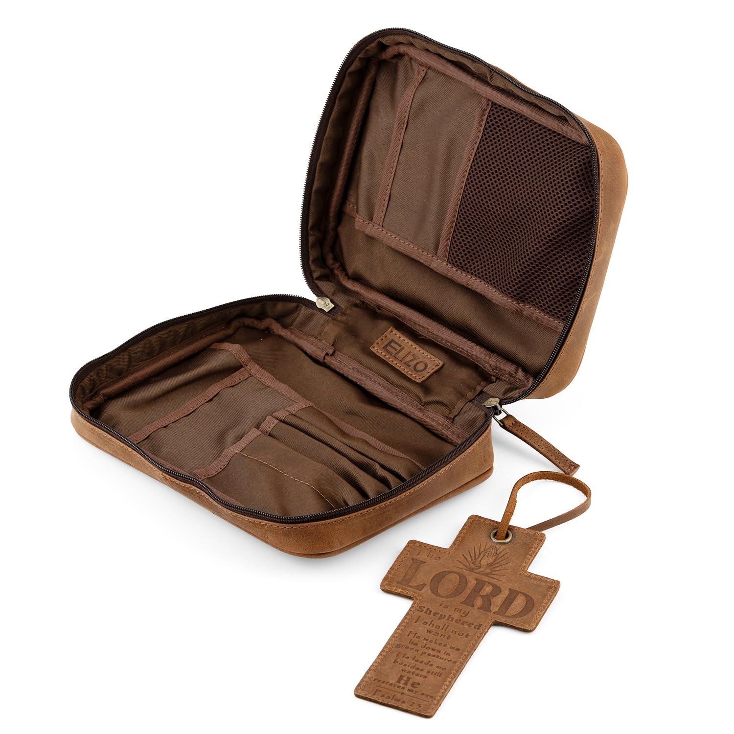 ELIZO Genuine Leather Bible Cover for Men & Women - Zippered Church Bible Case with Bookmark - Small Religious Book Protector - Perfect Christian Gift for Church, Travel & Daily Devotion