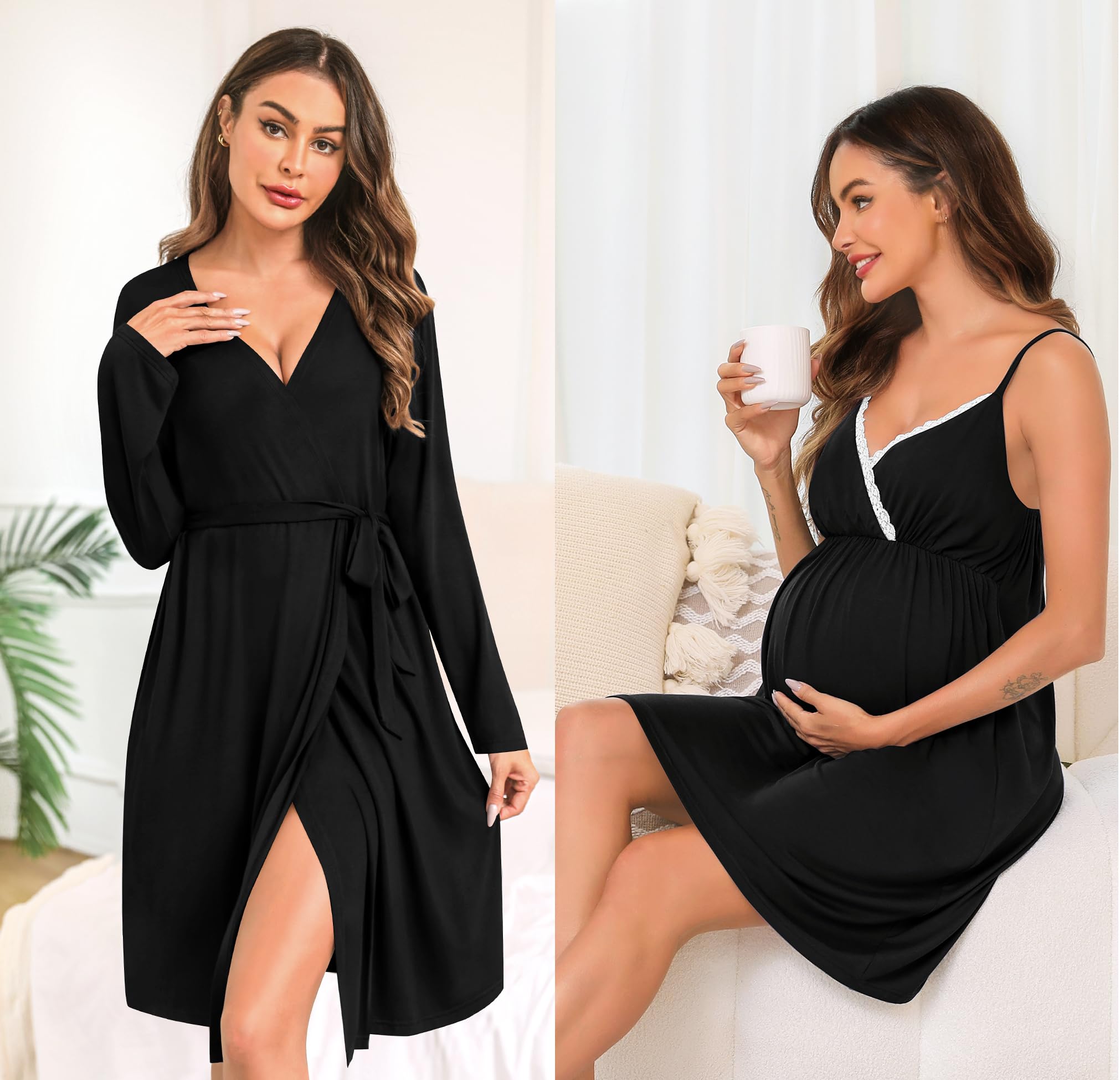 SWOMOG Women's Maternity Robe & Nursing Nightgown - 3 in 1 Breastfeeding Dress with Lace Trim, Labor Delivery Gown & Bathrobe for New Moms - Perfect for Hospital Stay, Nursing at Home and Relaxing