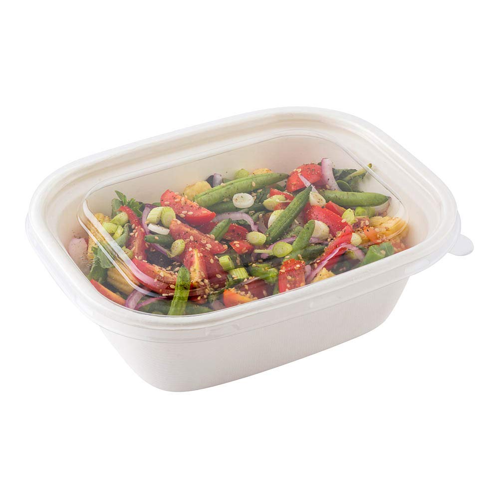 **Disposable Pulp Tek Plastic Flat Lids (100-Pack) – Clear, Built-In Tab, Fits 40 & 60 oz Bagasse Containers – Perfect for Takeout, Catering & Food Service**