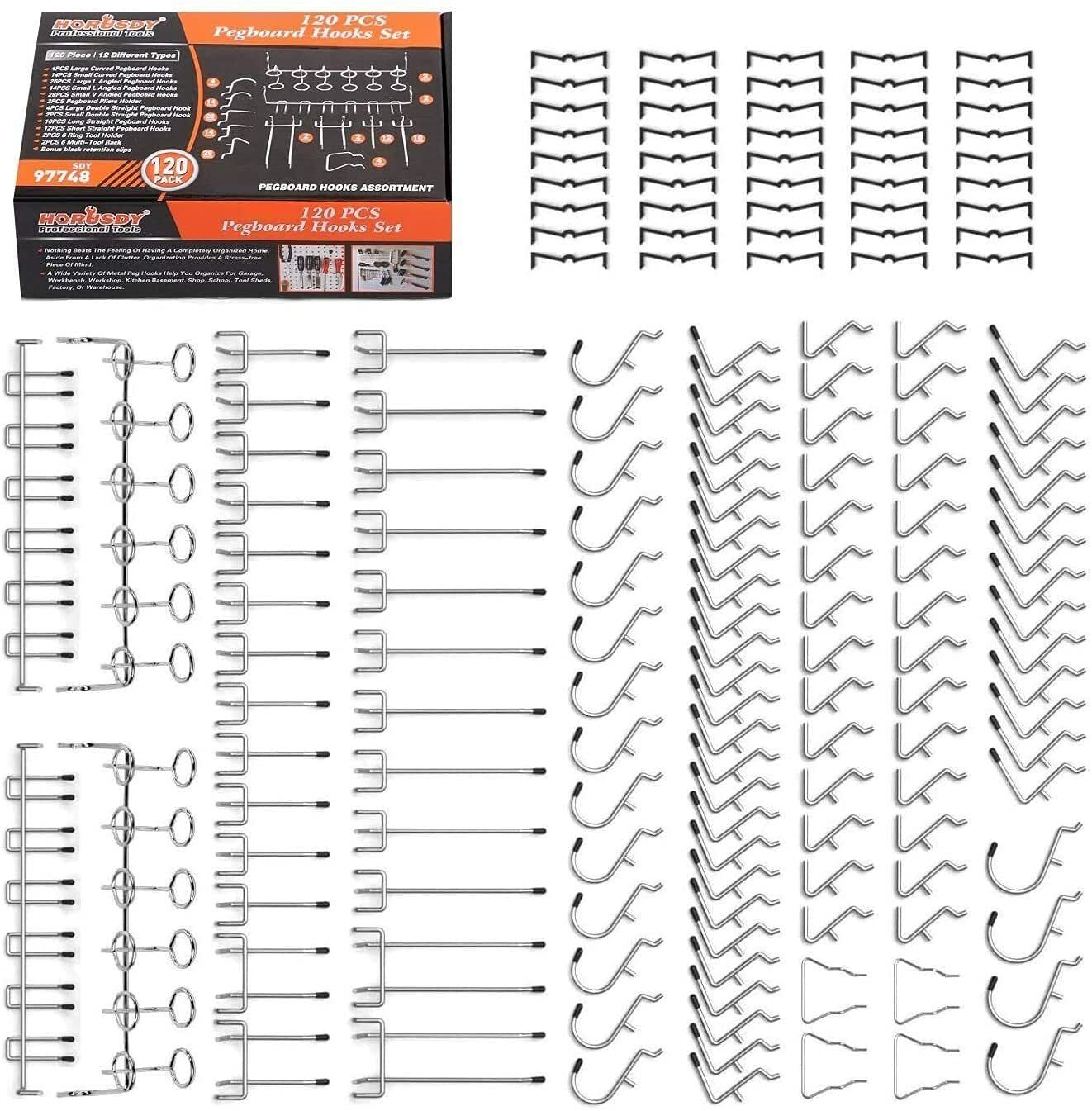 120-Piece Pegboard Hooks Set - Heavy Duty Slat Wall Hanger for Garage, Workshop & Retail Display - Durable Metal Hooks for Tools, Accessories & Home Organization - Perfect for DIY Projects & Space Saving Storage