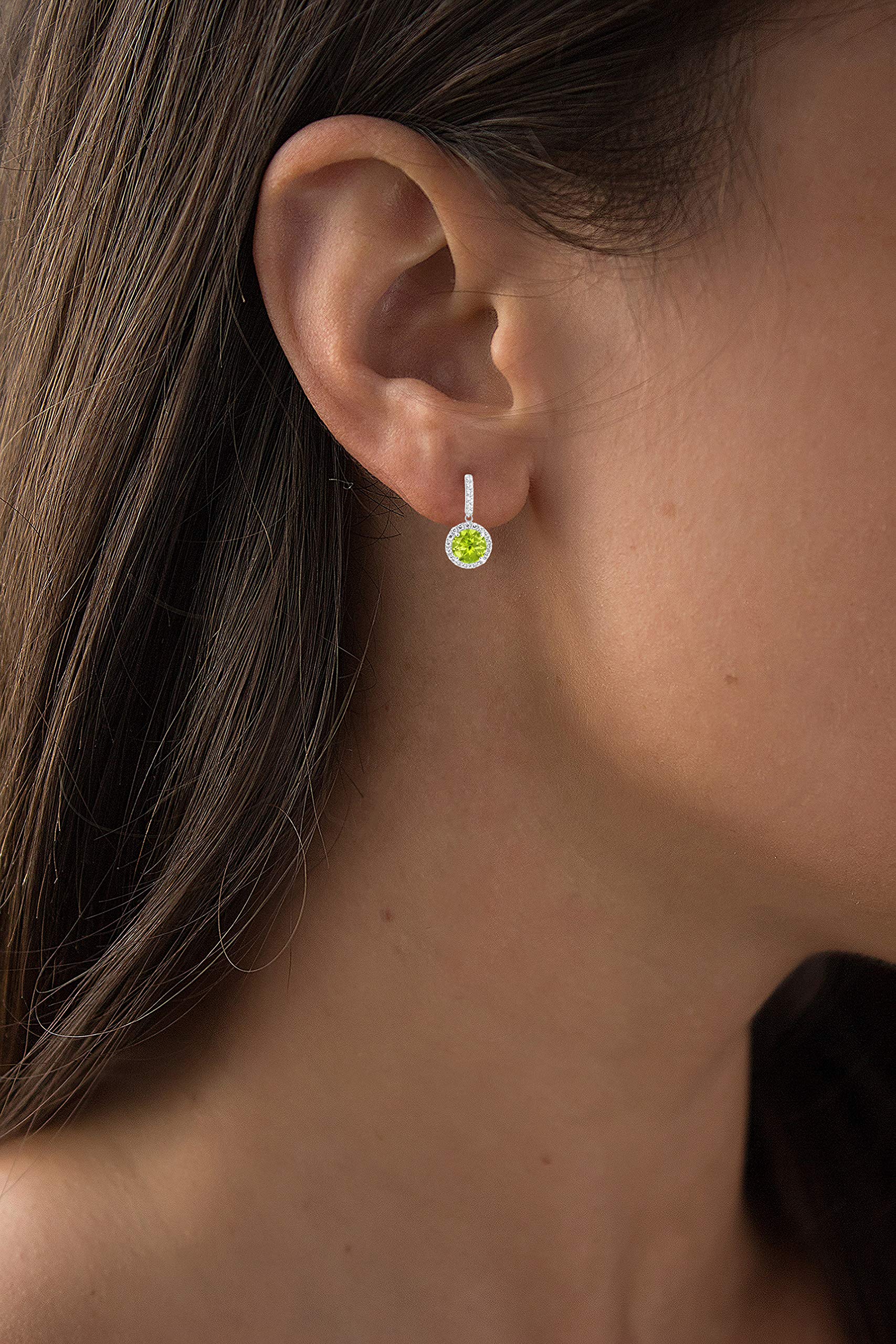 14K Solid Gold 17x8mm Genuine Birthstone Dangle Earrings for Women | 6mm Round Birthstone with 1mm White Sapphire Halo | Elegant Jewelry Gift for Birthday, Anniversary & Special Occasions