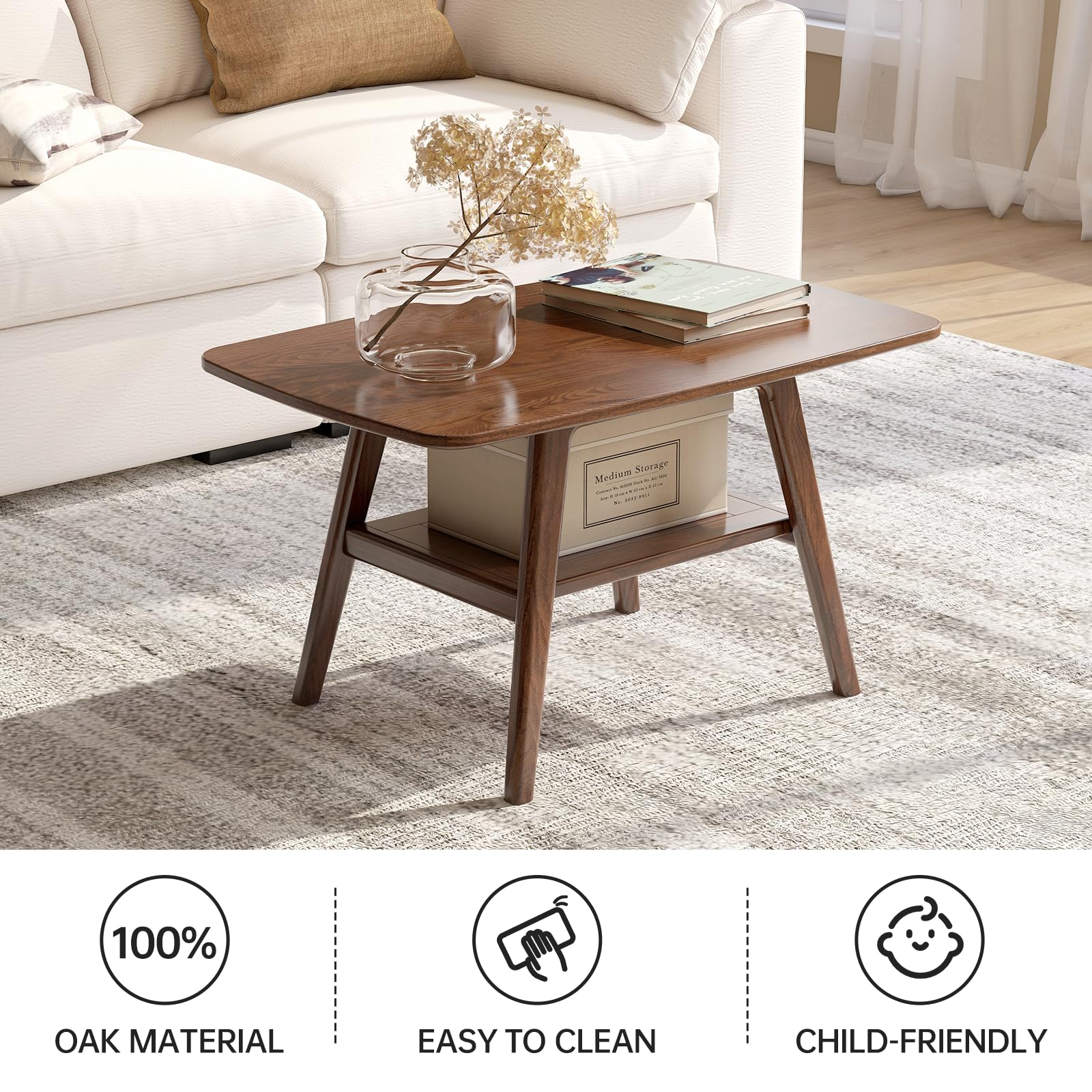 Solid Oak Wood Coffee Table - Mid Century Modern Design with Shelf Storage, Rounded Corners (31.5