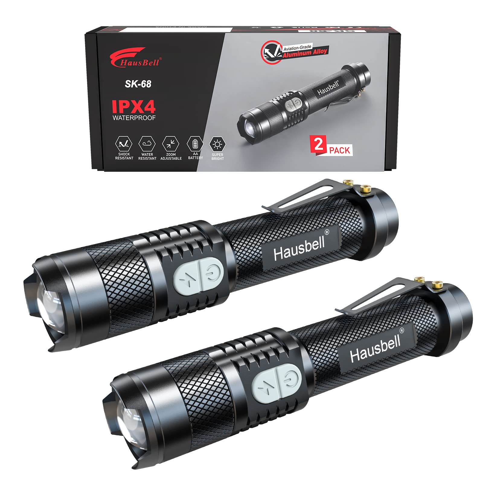 HAUSBELL 2 Pack Tactical Flashlights - 7W High Lumens Mini LED Flashlight with Zoomable 3 Modes, Handheld Torch for Kids & Adults - Perfect for Indoor, Outdoor, Hiking, Camping, Emergency & Power Outages
