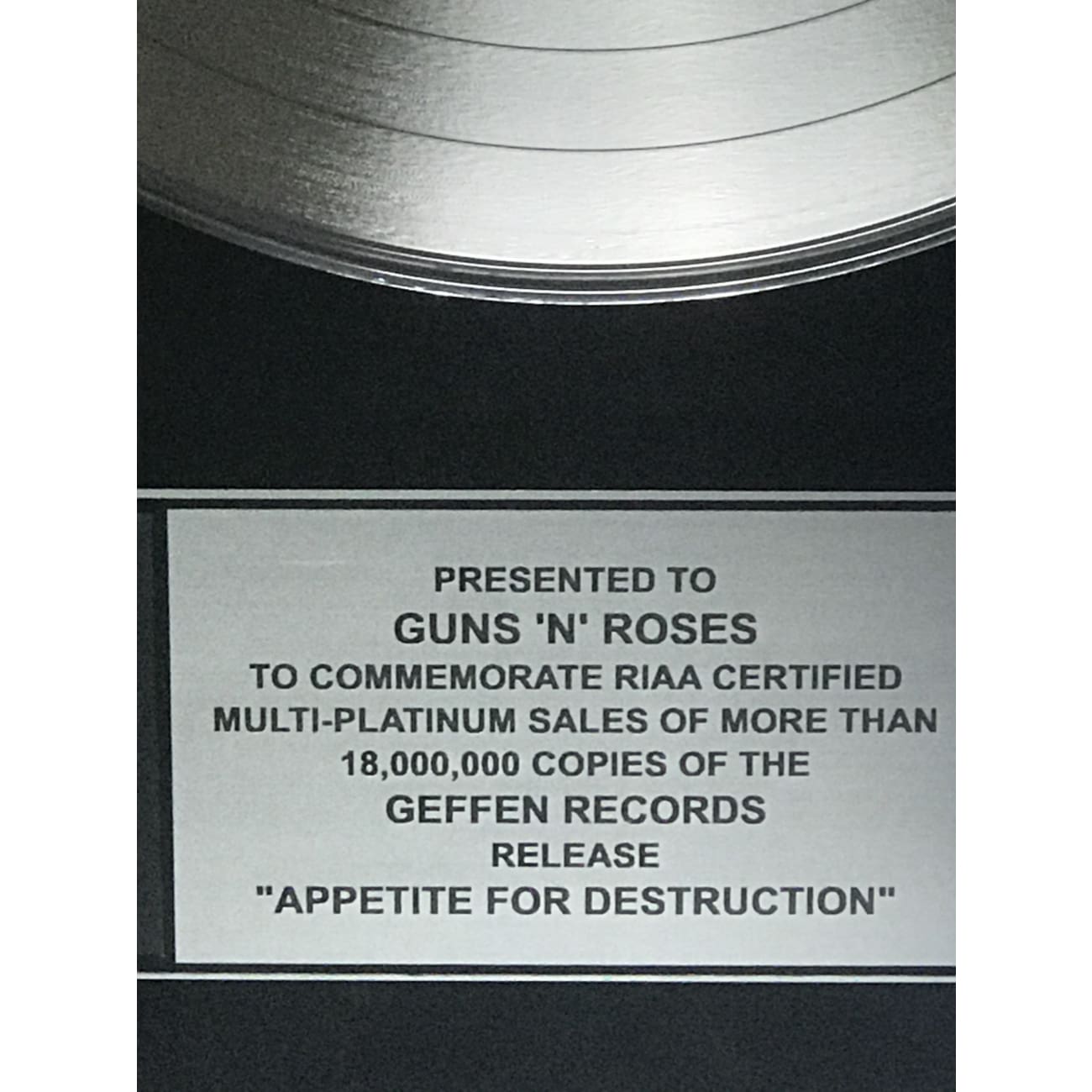 Guns N' Roses Appetite For Destruction RIAA 18x Multi Platinum Award - Rare Collectible Music Memorabilia for Hard Rock Fans & Display in Music Studios
