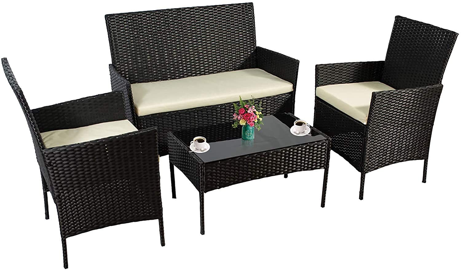 ZAZA 4-Piece Outdoor Patio Rattan Furniture Set with Cushions - Wicker Sofa & Coffee Table for Balcony, Garden, or Indoor Use - Black & Beige - Perfect for Relaxing, Entertaining, and Outdoor Dining