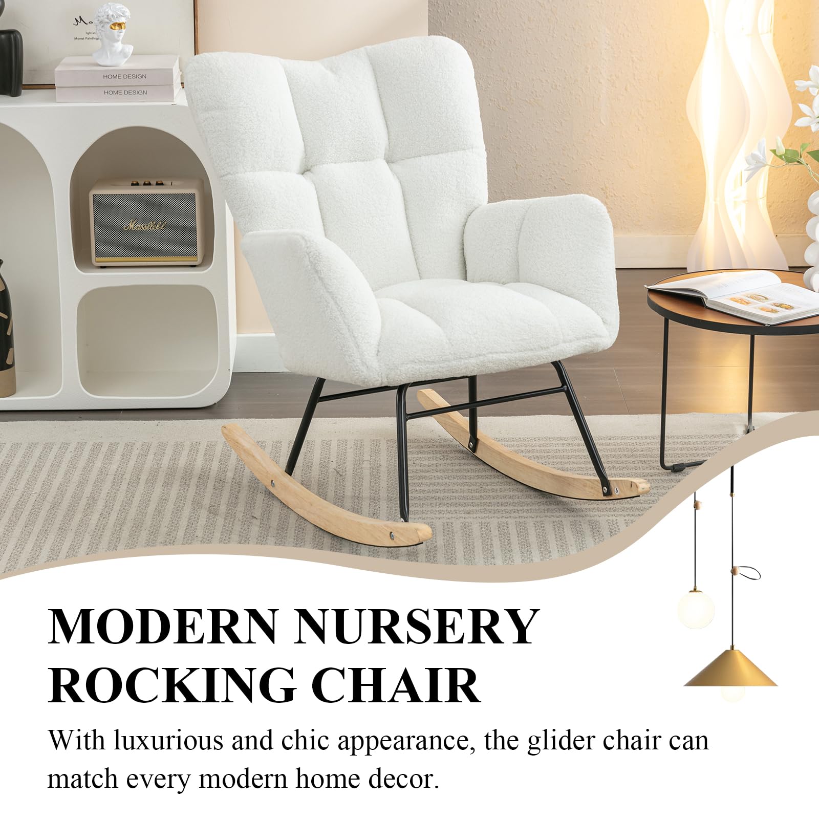 Teddy Upholstered Nursery Rocking Chair - High Back Glider Rocker with Metal Legs, Comfortable Accent Armchair for Baby Room, Living Room Reading & Nursing Chair (White) | Perfect for Nurseries, Breastfeeding, Storytime & Relaxation