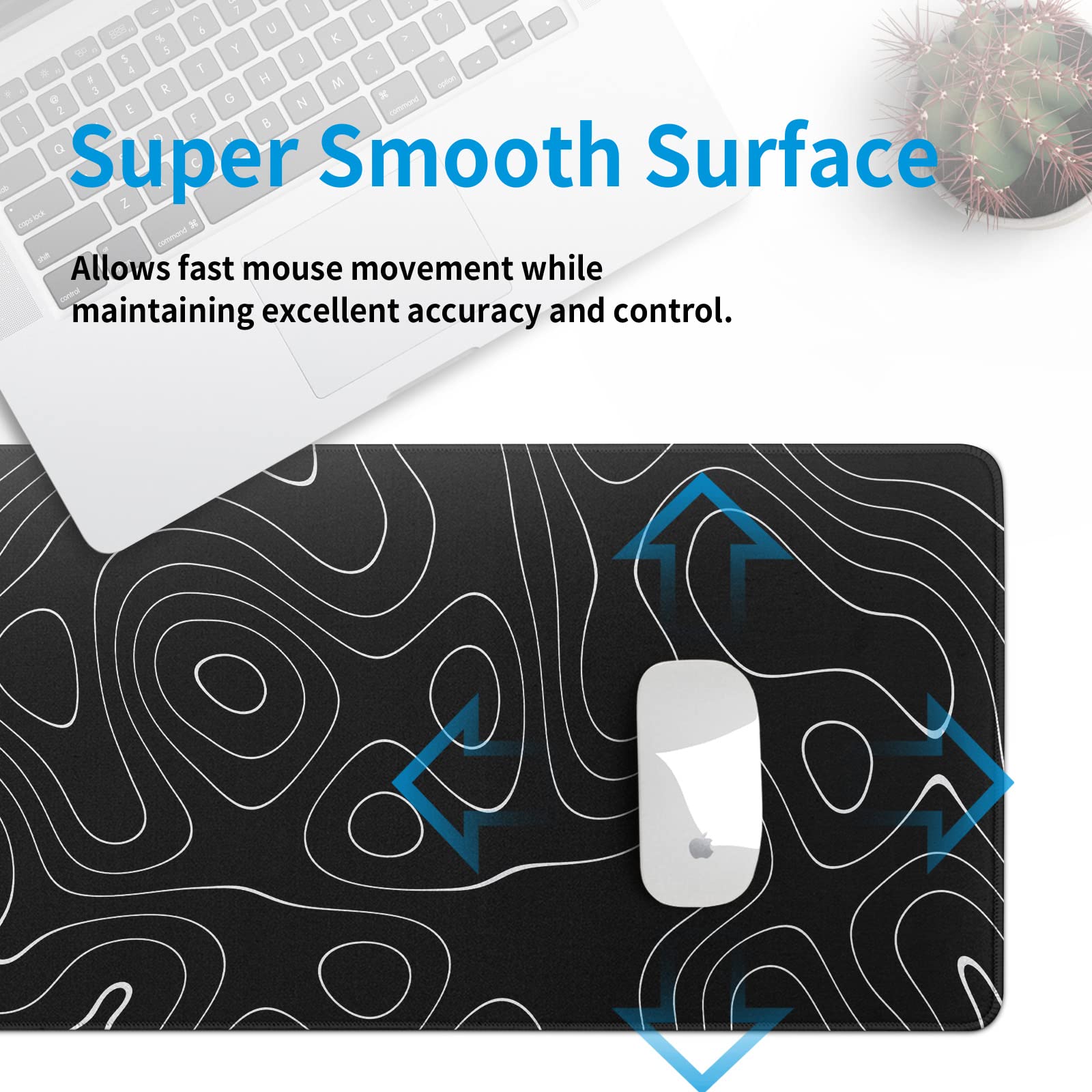 Extra Large Topographic Map Gaming Mouse Pad - Non-Slip Rubber Base & Stitched Edge Desk Mat for PC, Laptop, Office & Home Decor (Black)