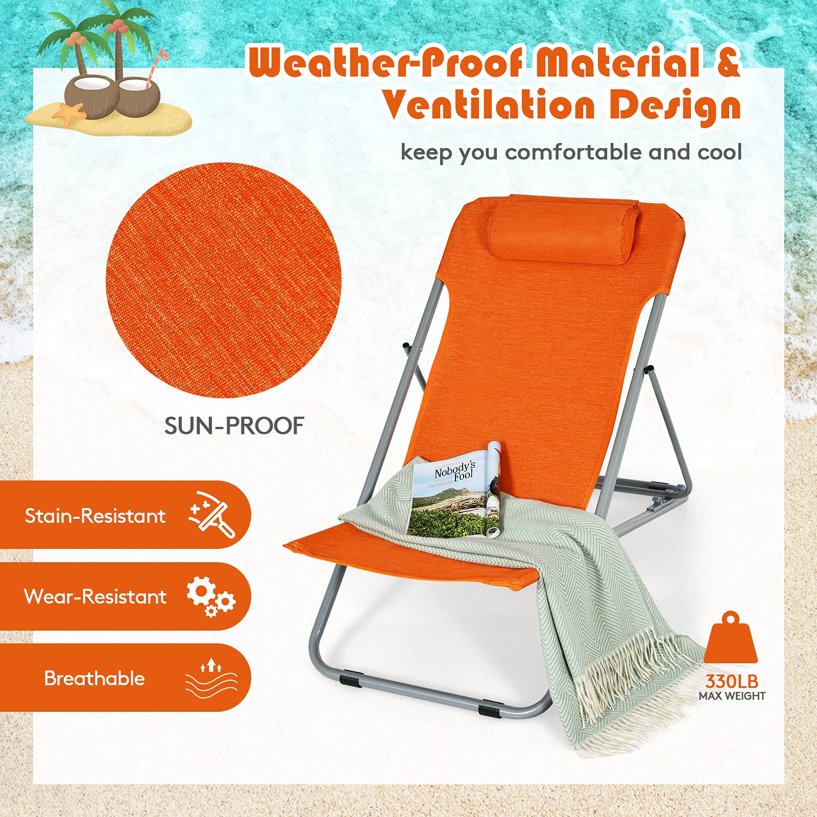 GYMAX 2-Pack Adjustable Beach Chairs for Adults - Portable Folding Lounge Chairs with 3-Level Reclining Backrest & Removable Pillow - Perfect for Beach, Camping, Poolside, Fishing, Backyard & Outdoor Relaxation (Orange)