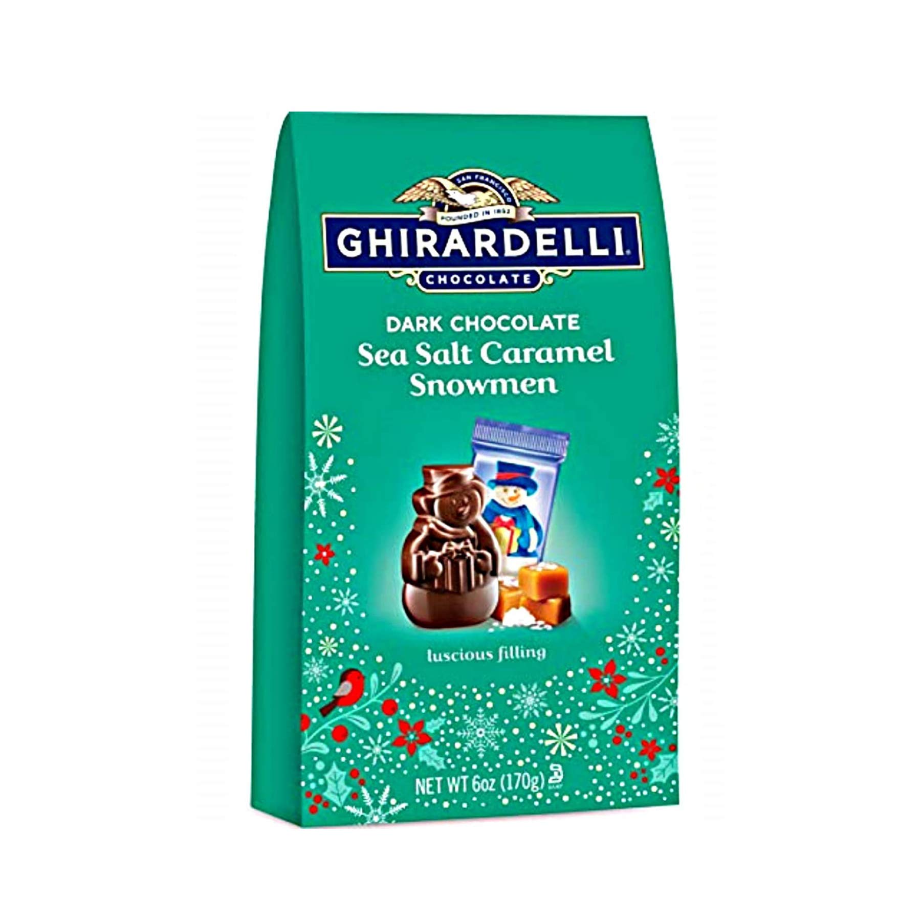 Ghirardelli Limited Edition Dark Chocolate Sea Salt Caramel Snowmen Holiday Bag - Premium Holiday Gift for Christmas, Party Favors & Winter Treats