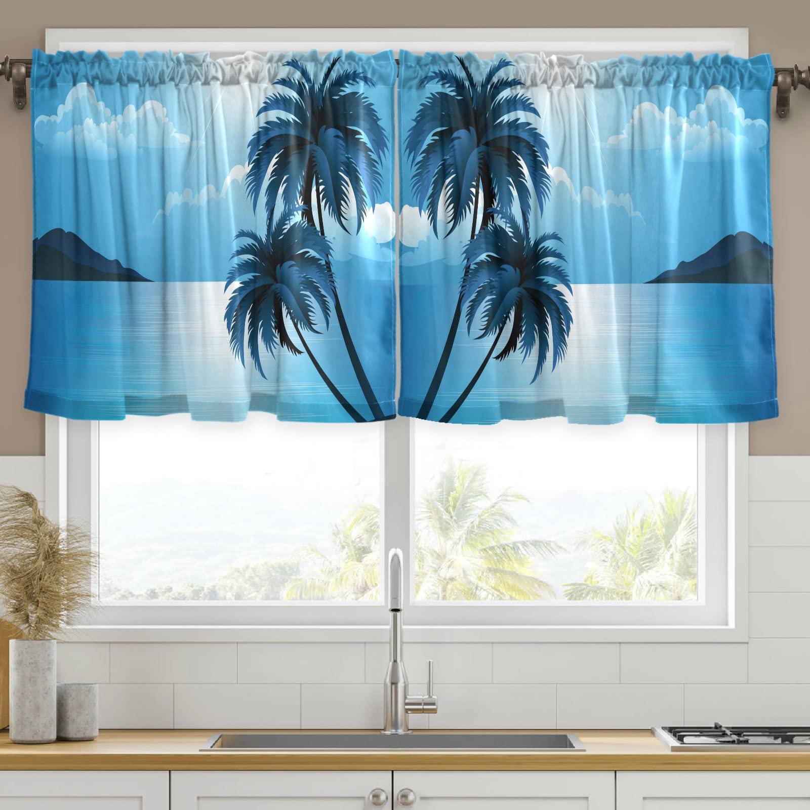 DOMIKING Summer Beach Palm Trees Kitchen Curtains Set with Valance - Rod Pocket Small Window Curtains for Bathroom, Bedroom & Living Room - Farmhouse Coastal Decor (57x36 Inches) - Perfect for Beach Houses, Vacation Homes & Tropical Themed Rooms