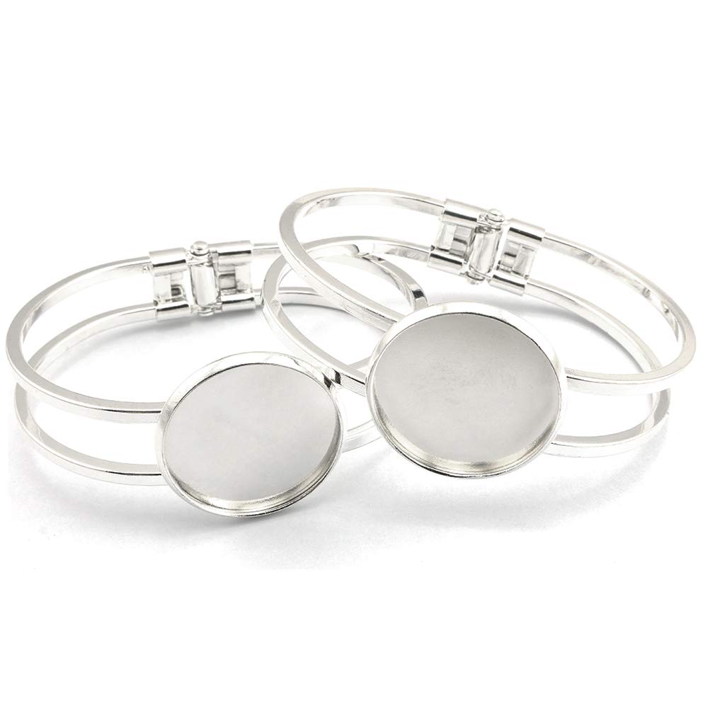 Lind Kitchen 2-Piece Silver Bangle Bracelet Blanks with 25mm Cabochon Bezel Tray for DIY Jewelry Making - Perfect for Crafting, Gift Making & Boho Fashion Accessories