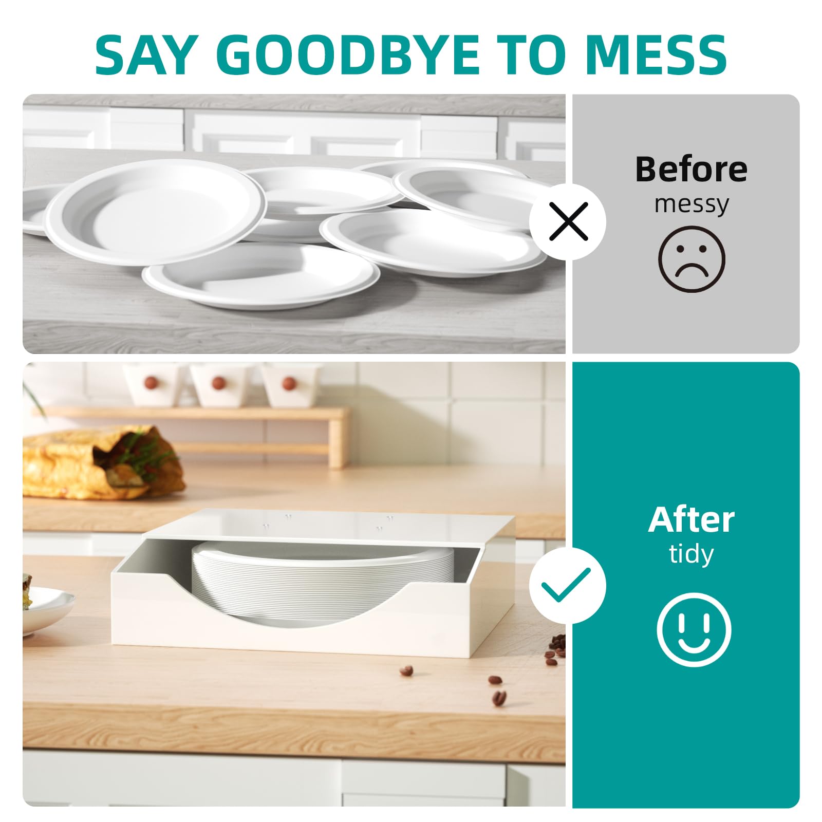 8/9/10 Inch Acrylic Paper Plate Dispenser - 4mm Thick Wall Mounted Plate Holder Organizer for Kitchen Cabinet & Countertop - Sturdy White Plate Storage for Indoor & Outdoor Dining, BBQs, Picnics & Parties