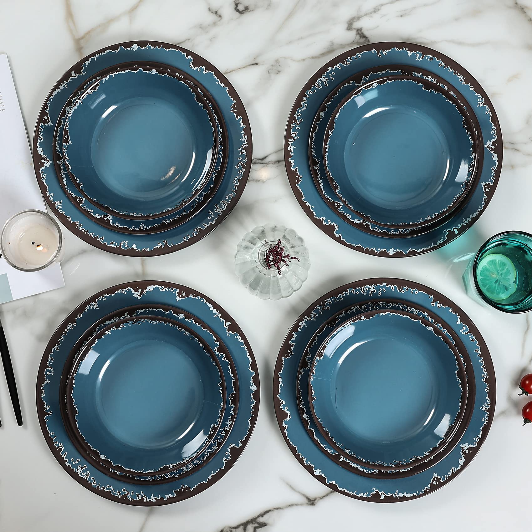 **Yinshine 12-Piece Melamine Dinnerware Set – Durable, Unbreakable Plates & Bowls in Blue – Lightweight for Outdoor Dining, Picnics & Camping**