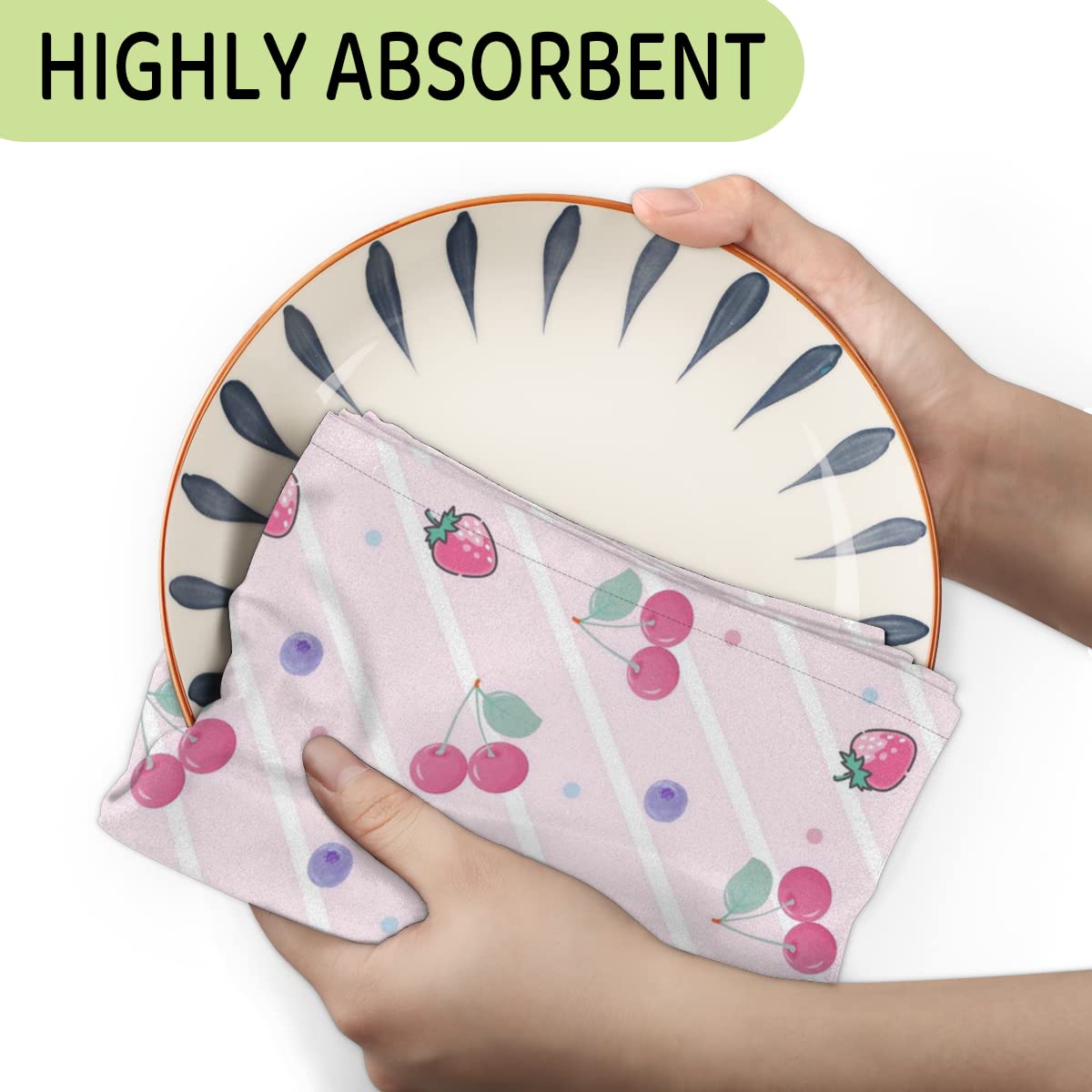 AUUXVA Set of 2 Strawberry Cherry Stripe Kitchen Dish Towels - Super Absorbent Dishcloths & Tea Towels with Hanging Loop - Perfect for Kitchen, Dining, Housewarming Gifts & New Home Decor (18x28 Inches)