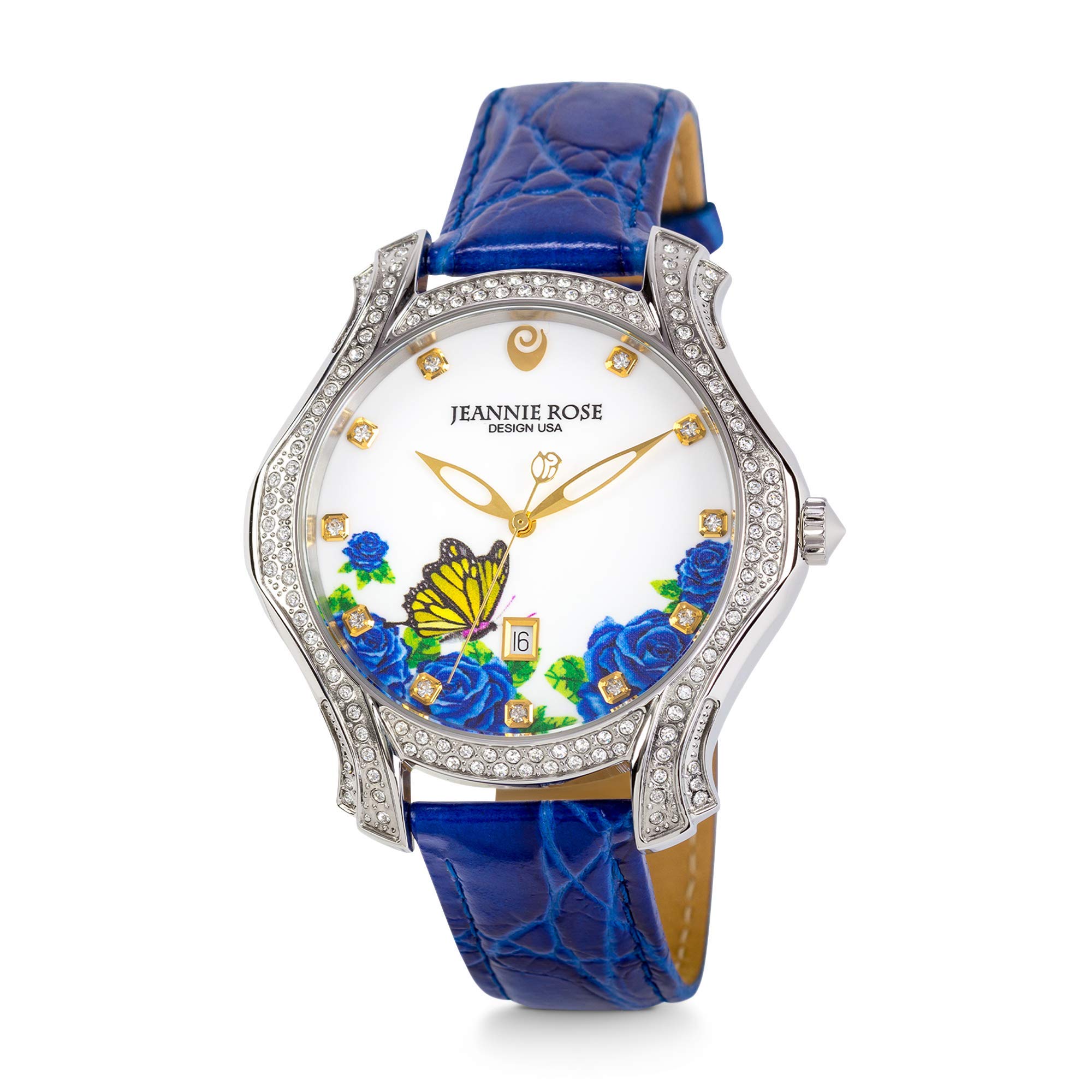 JEANNIE ROSE Fluttering Blossoms of Love 40MM Women's Analog Watch - Blue Dial, Stainless Steel Band, Water Resistant | Perfect for Everyday Wear, Office, Date Night & Special Occasions