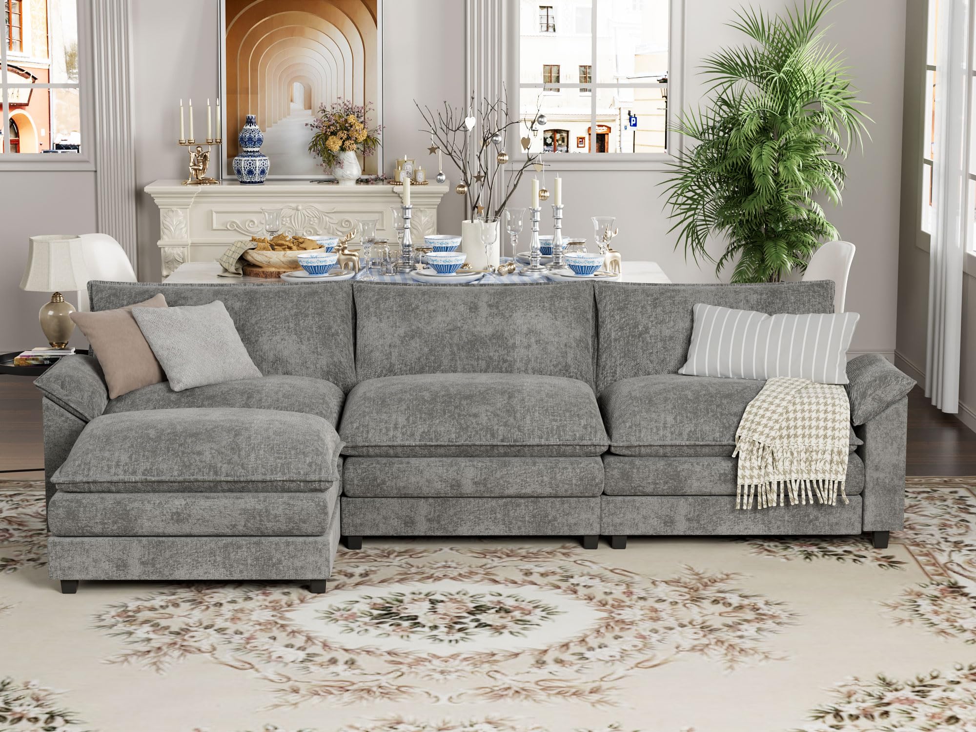 **YESHOMY Modular Sectional Sofa L-Shaped Chenille Fabric Couch with High-Support Cushions & Removable Ottoman – Comfortable Sleeper Sofa for Living Room, Apartment, or Small Space – Grey**    *(Use Case: Perfect for cozy movie nights, family gatherings, or as a stylish space-saving solution in apartments, lofts, and small living rooms.)*