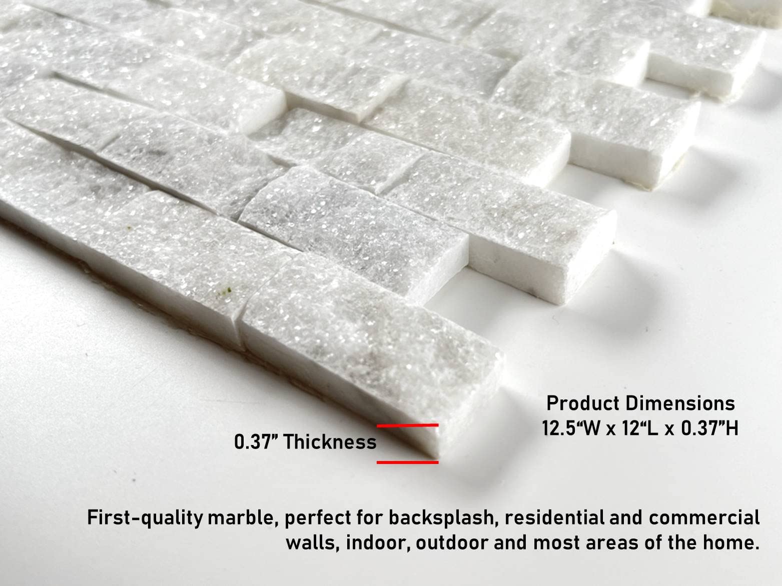 Italian White Carrara Split Face 1x2 Marble Mosaic Tile - Premium Wall & Backsplash Tile for Kitchen, Bathroom, Fireplace, Accent Wall | Elegant Home Decor & Commercial Use