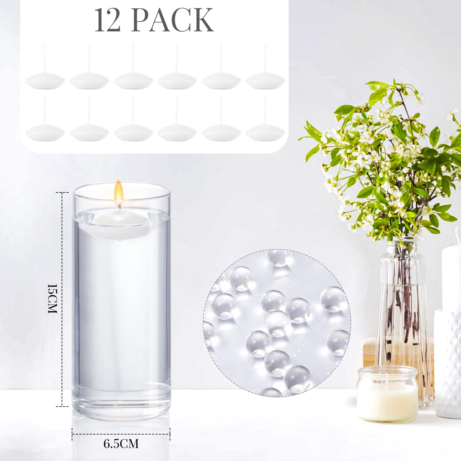 6 Pack 6 Inch Tall Clear Glass Cylinder Vases with 12 White Floating Candles - Wedding Centerpieces, Home Decor, Table Decorations for Dining Room, Party & Special Events