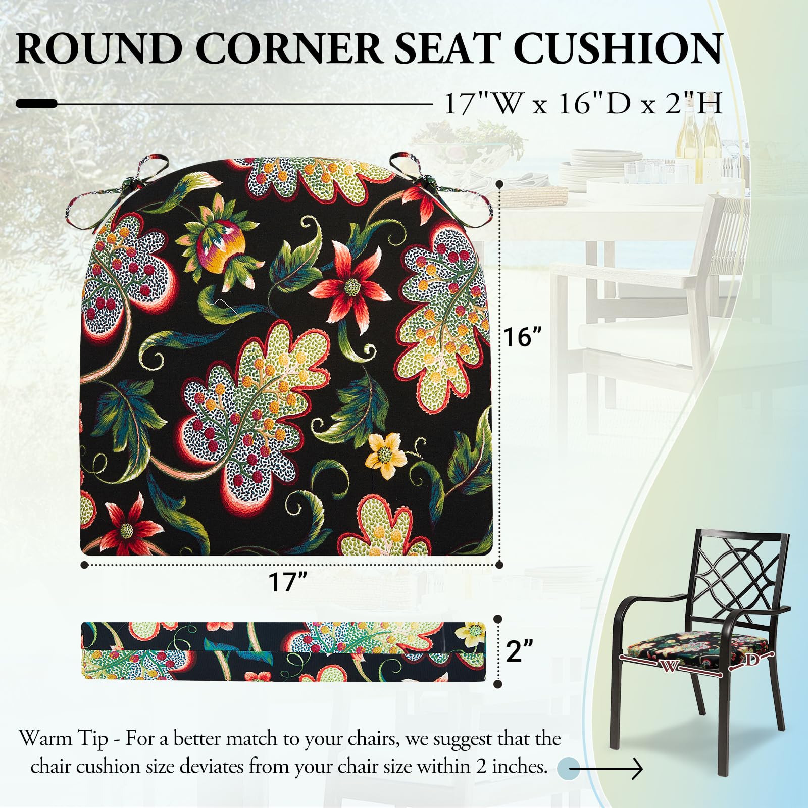 Outdoor Chair Cushions Set of 2 - Water Resistant 17x16x2 Inch Round Corner Patio Seat Cushions for Garden, Deck, Poolside - Black Floral Design - Perfect for Outdoor Furniture, Lounging & Relaxation