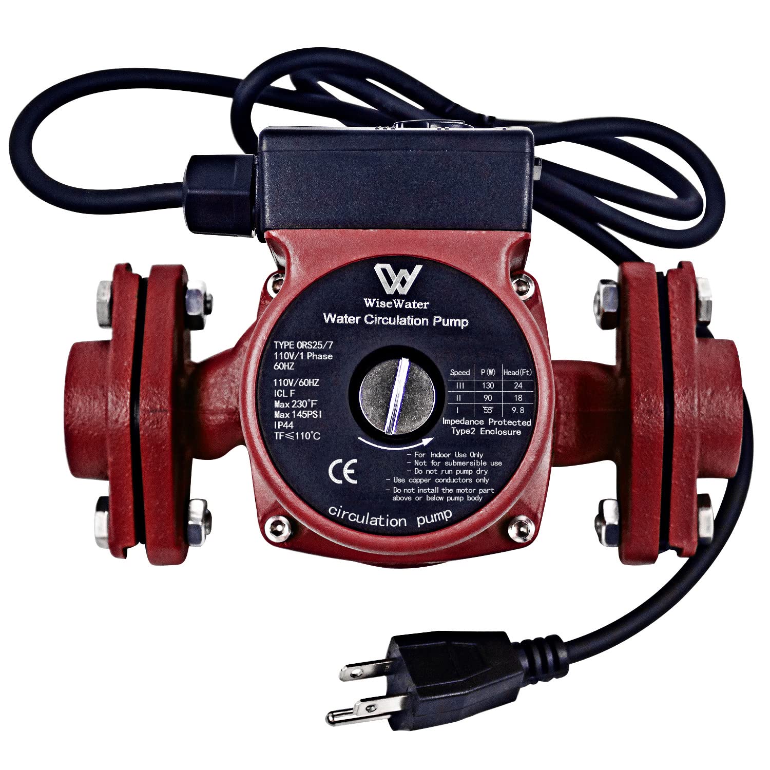 WiseWater 110V Hot Water Recirculating Pump - 130W, 13 GPM, 3-Speed Adjustable with 1