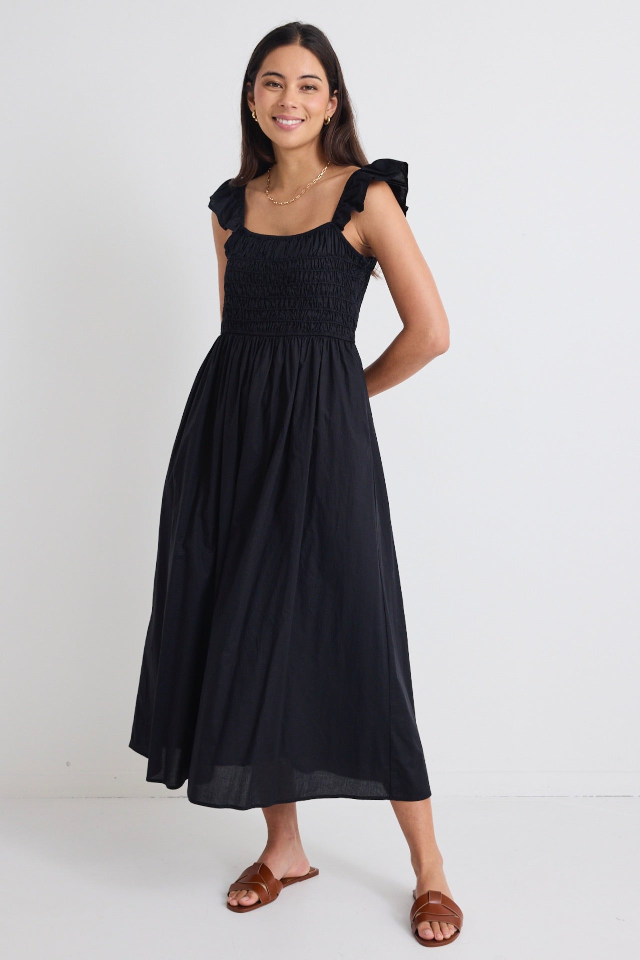 Bonbon Black Flutter Sleeve Midi Dress for Women - Elegant Party & Cocktail Dress for Evening Events, Date Night & Special Occasions