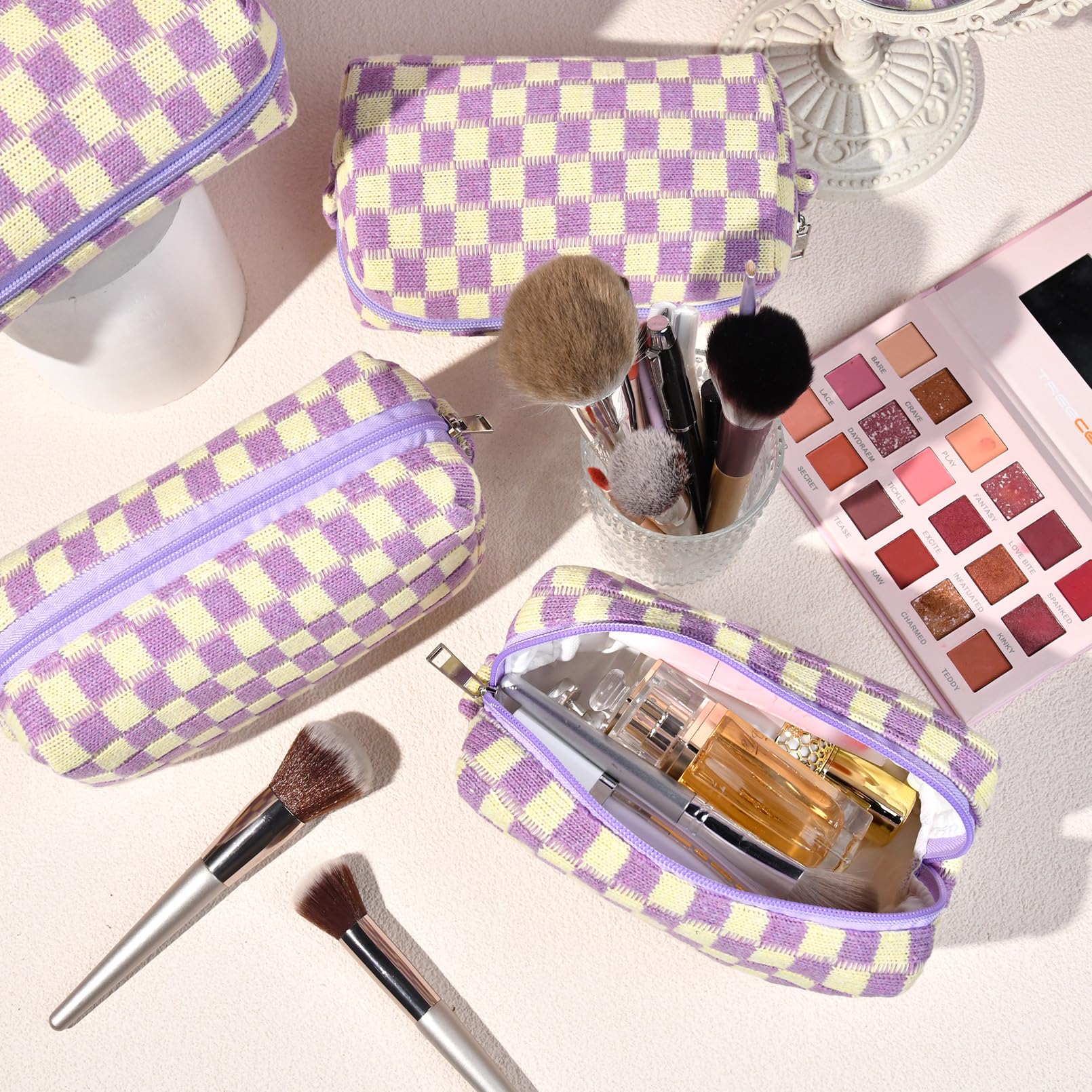6-Piece Preppy Makeup Bag Set - Bulk Checkered Cosmetic Pouches in Purple | Personalized Travel Toiletry Organizer | Cute DIY Makeup Brushes Storage for Women | Perfect for Travel, Gifts & Daily Beauty Organization
