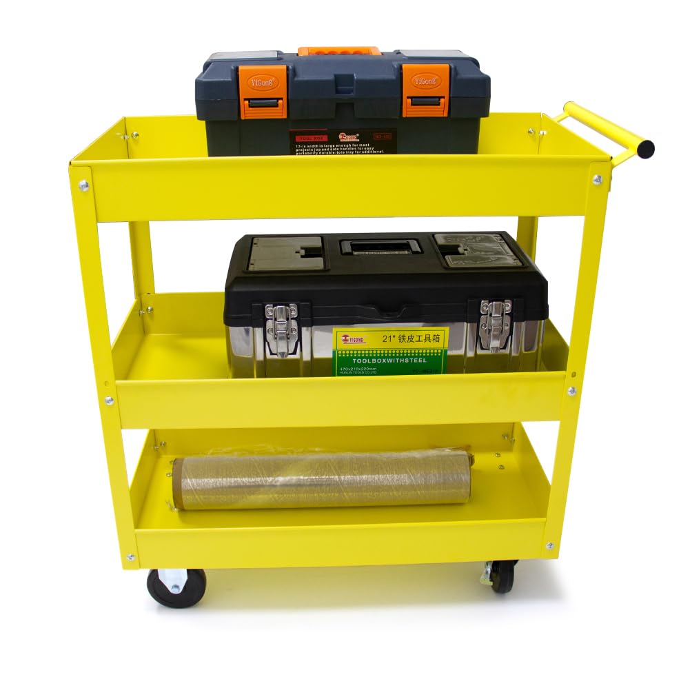 30in Large Steel Service Cart with Wheels - Heavy Duty 3-Tier Metal Utility Cart - 400 lbs Capacity Rolling Tool Cart for Workshop, Garage & Industrial Use - Yellow